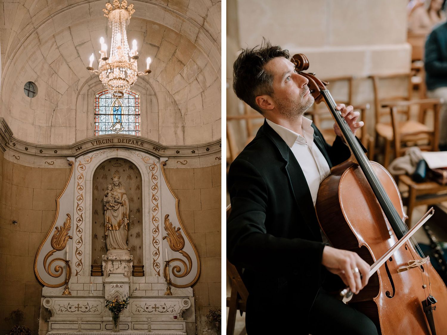 Classical musicians performing in an ornate church setting with architectural details.