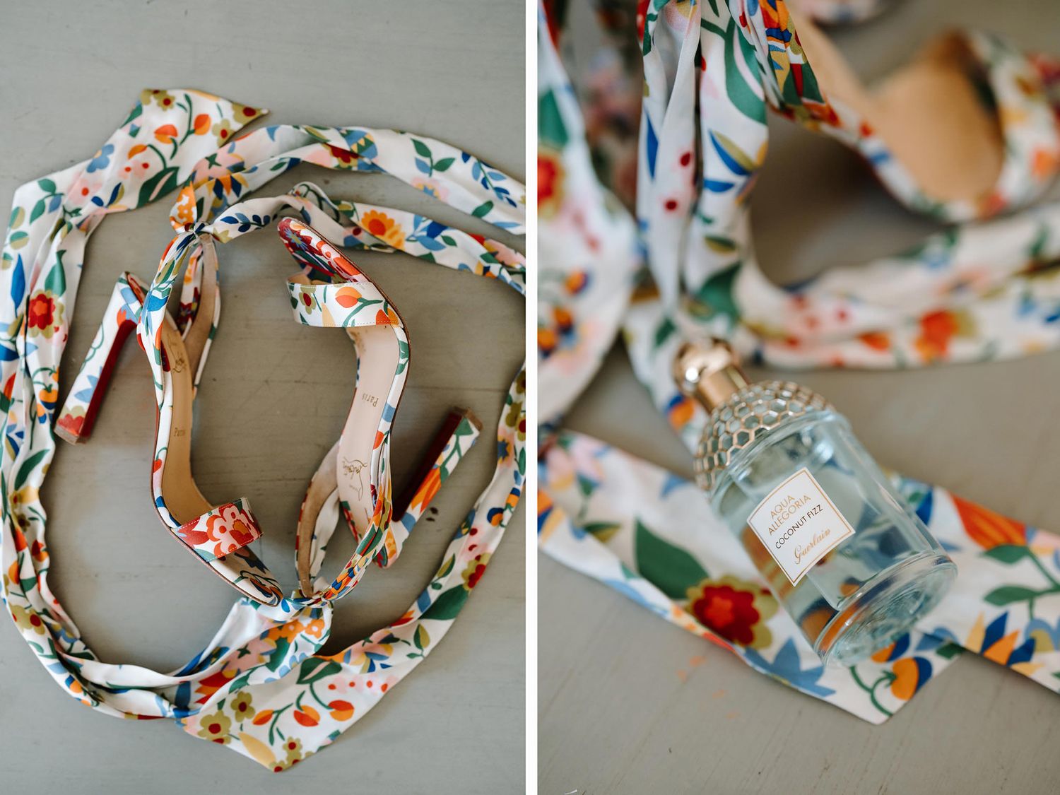 Floral patterned fabric ribbons arranged in decorative loops and swirls.