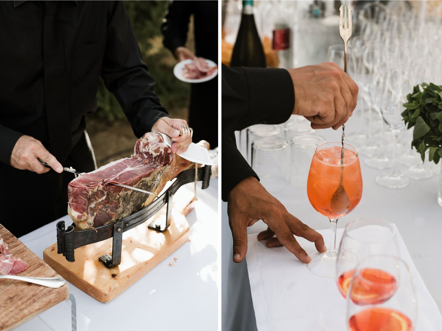 Hands preparing cocktails and appetizers on white tablecloths at an outdoor event.