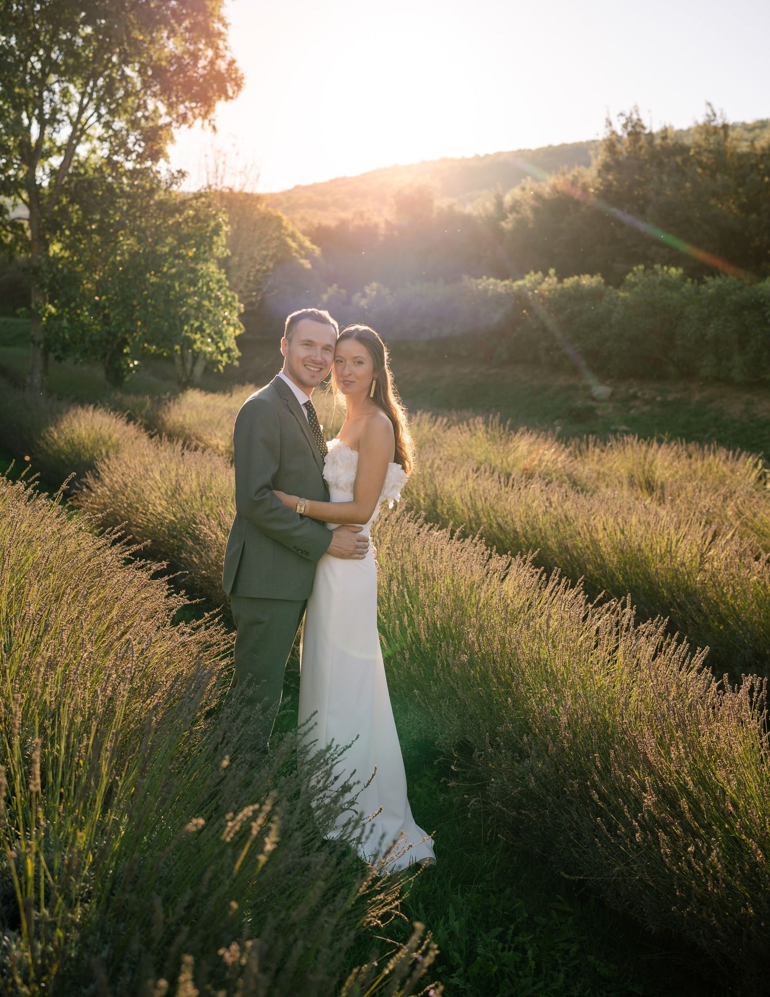 A wedding couple poses in a golden sunlit field of lavender during sunset.