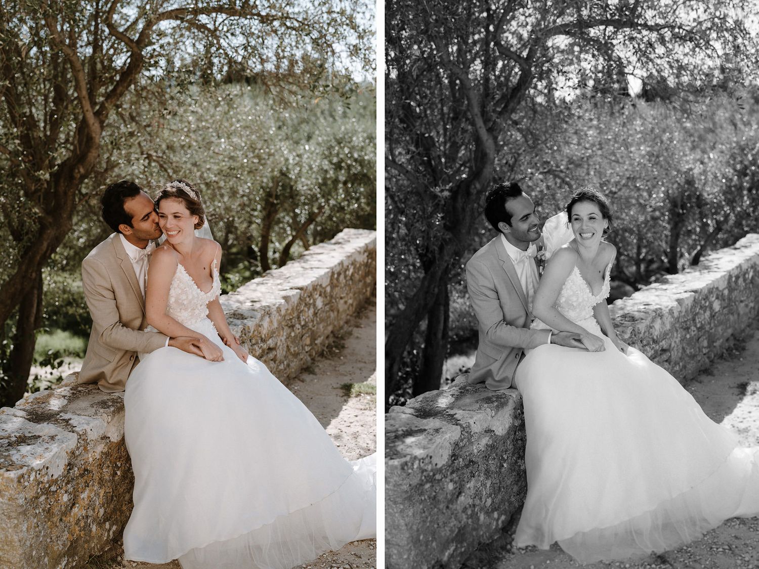 Wedding photography series showing tender moments in a natural garden setting.
