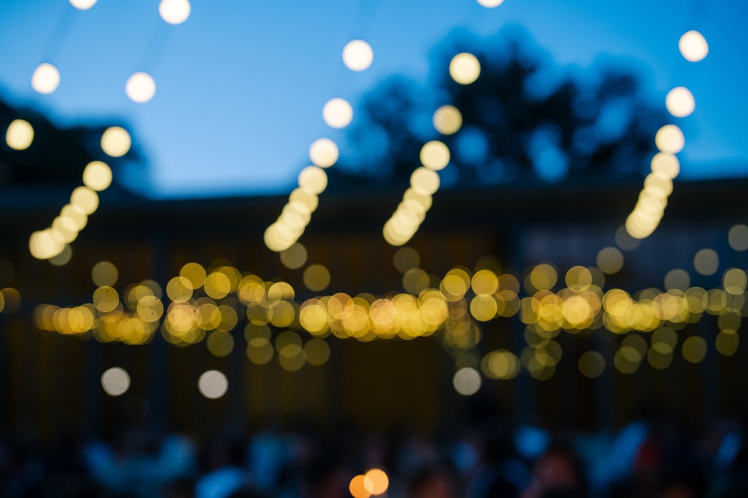 String lights create a magical bokeh effect against a blue evening sky at an outdoor celebration.