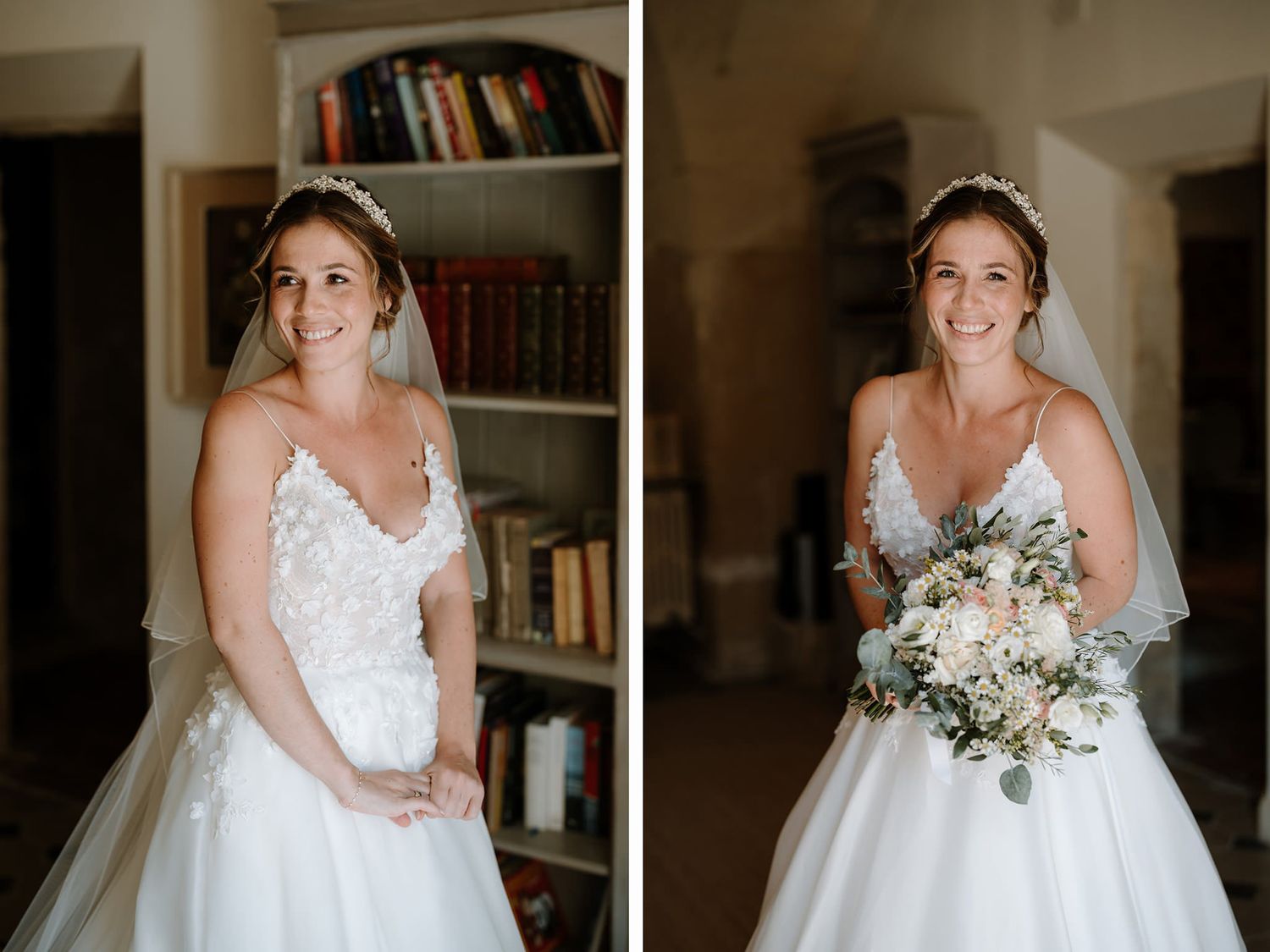 A wedding dress being showcased in various angles in an indoor setting with natural light.