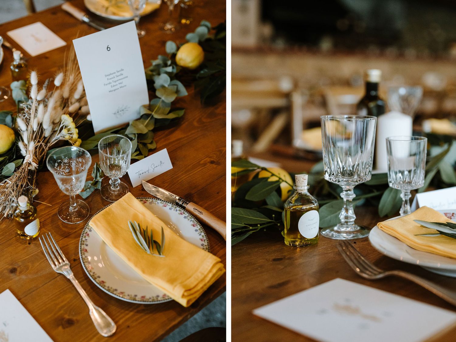 Elegant place settings with gold napkins and greenery on wooden tables.