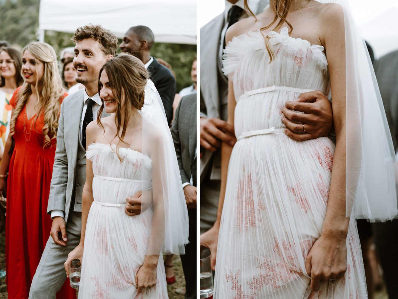 Elegant wedding party members in blush pink dresses and formal attire posing together.