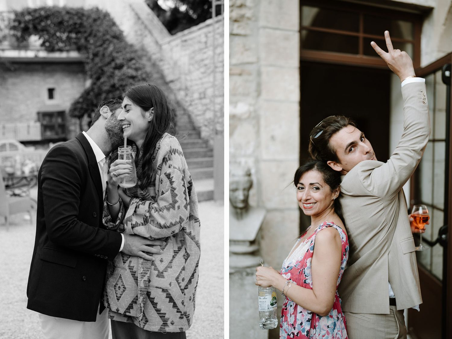 Black and white candid moments captured during an outdoor wedding celebration.