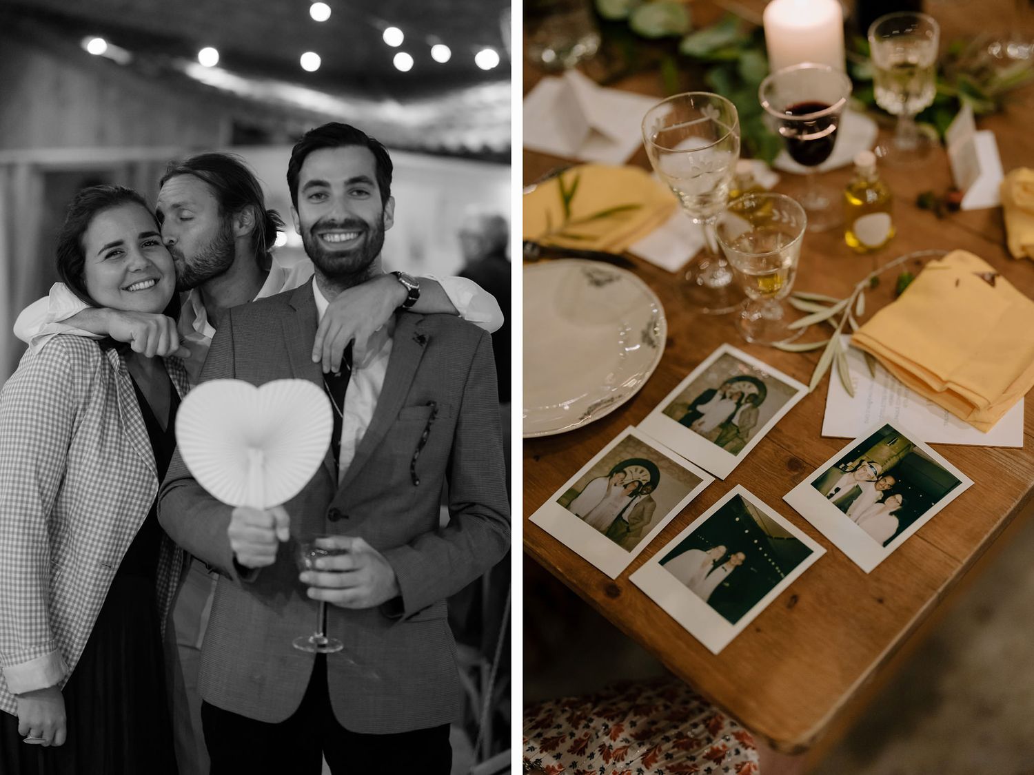 Table settings with candles and photographs creating an intimate reception atmosphere.
