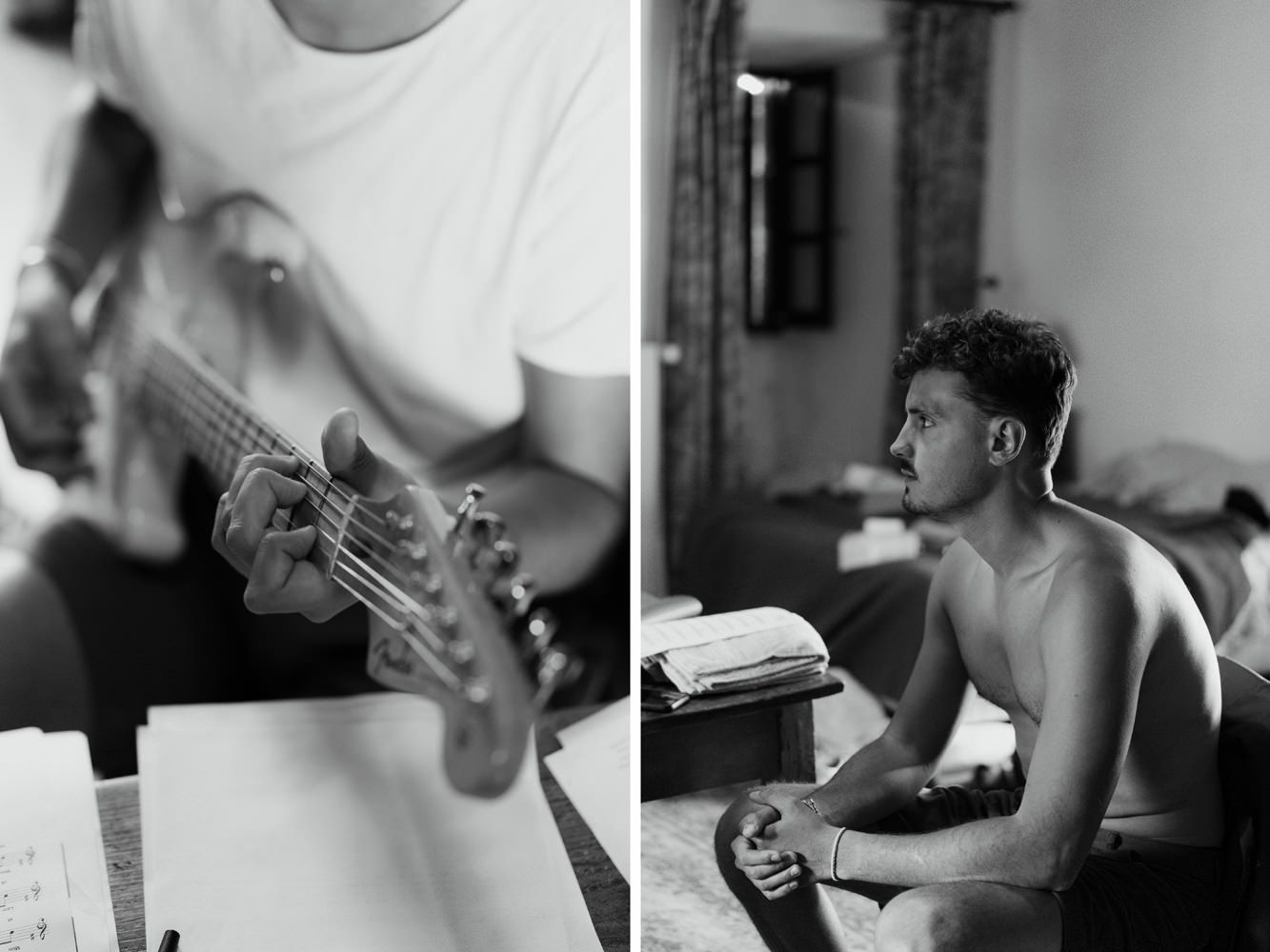 Close-up shots of hands and everyday moments in black and white.