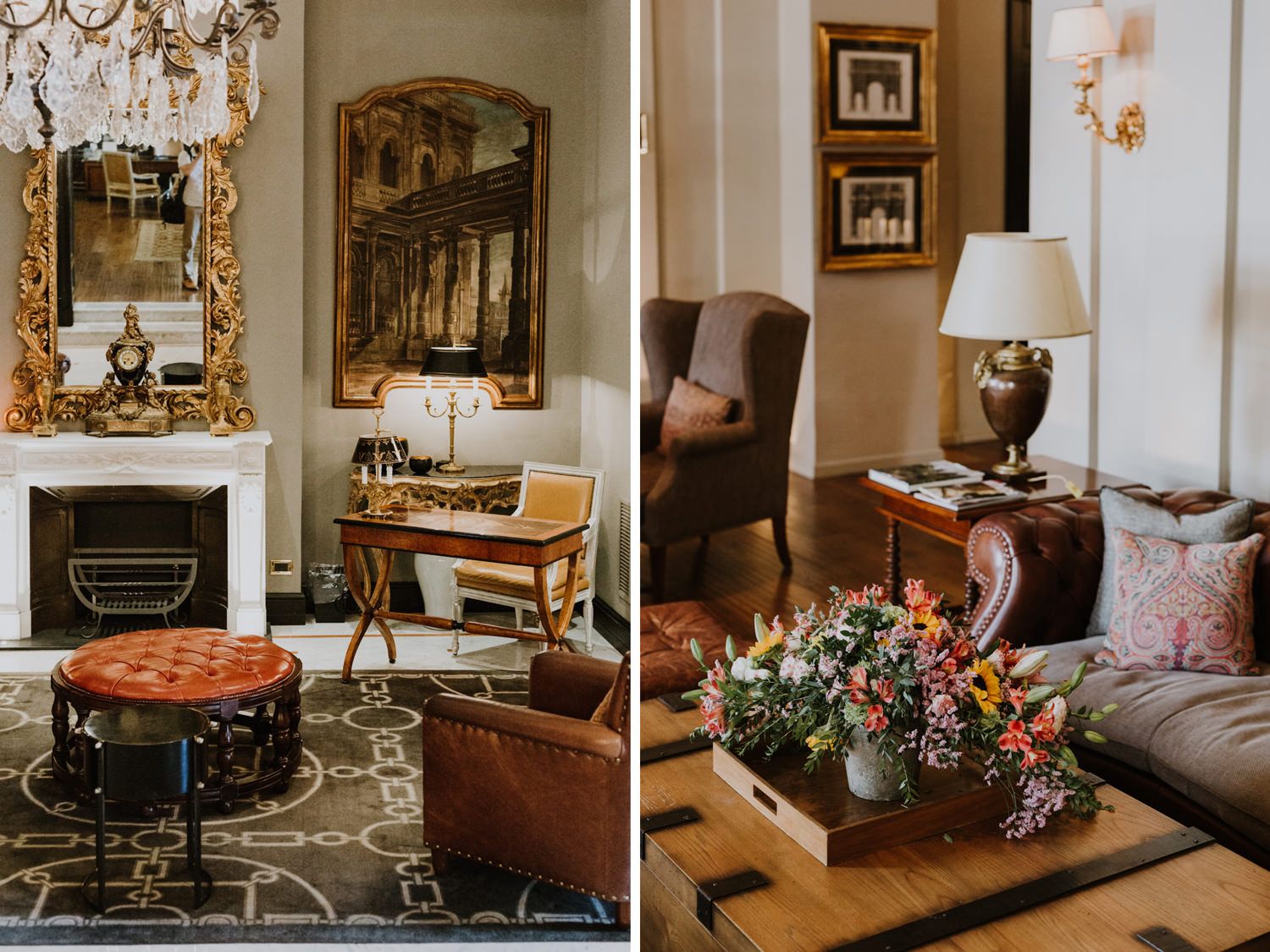 Elegant living room with antique furniture, gold-framed mirrors, and fresh floral arrangements.
