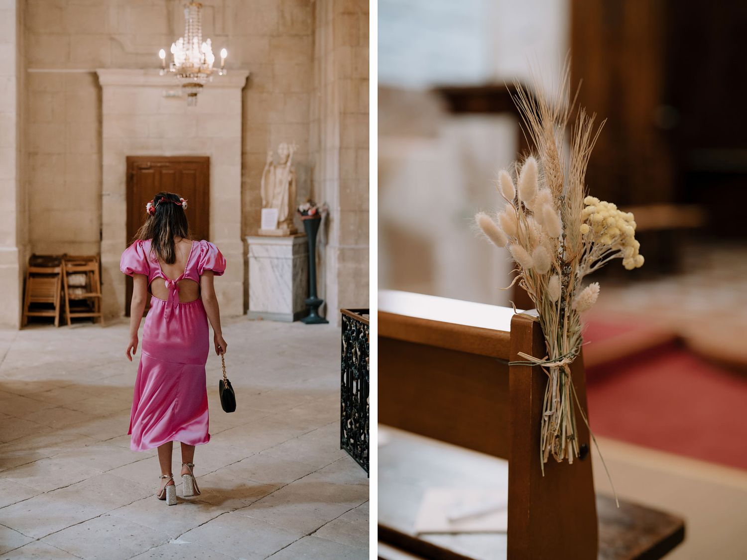Church interior decorated for a wedding ceremony with pampas grass arrangements and pink accents.