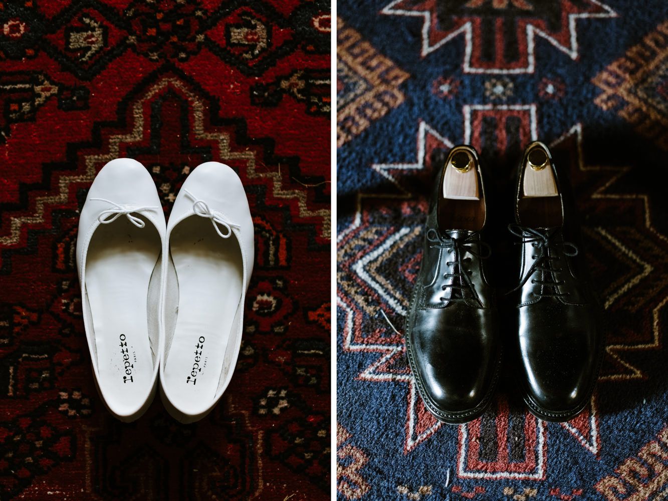 Collection of formal wedding shoes arranged on a patterned oriental rug.