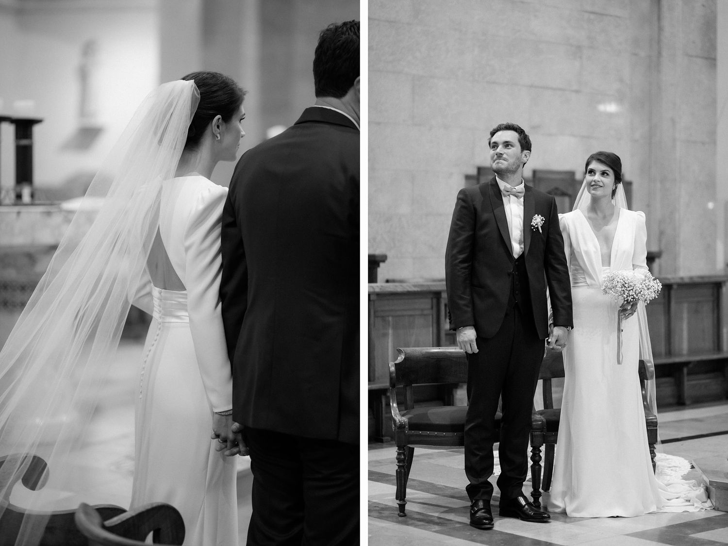 Black and white wedding ceremony photos showing elegant church interior.