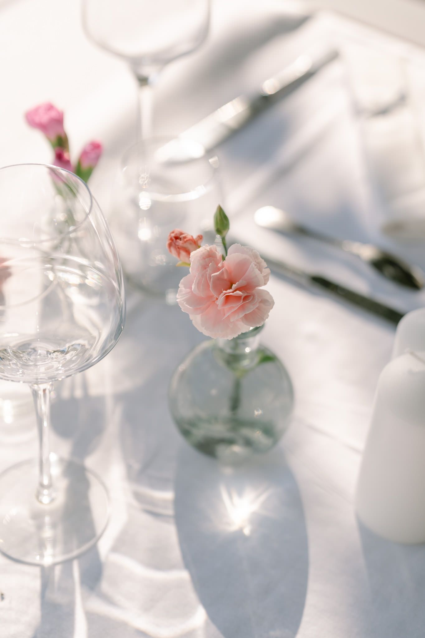 Delicate pink flowers in crystal vases create an elegant table setting with soft shadows.