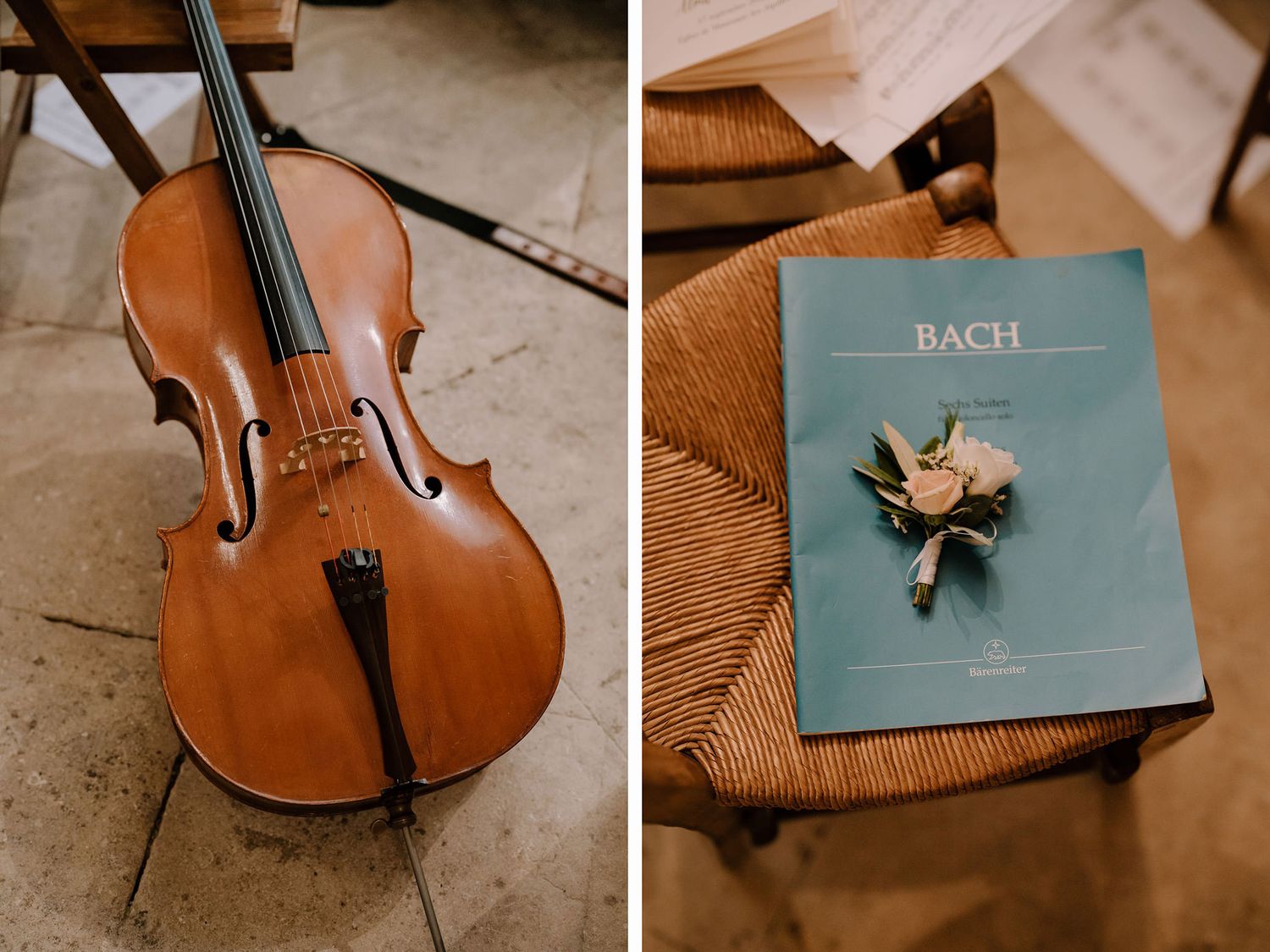 A violin and Bach sheet music book with floral decoration displayed on wooden surface.