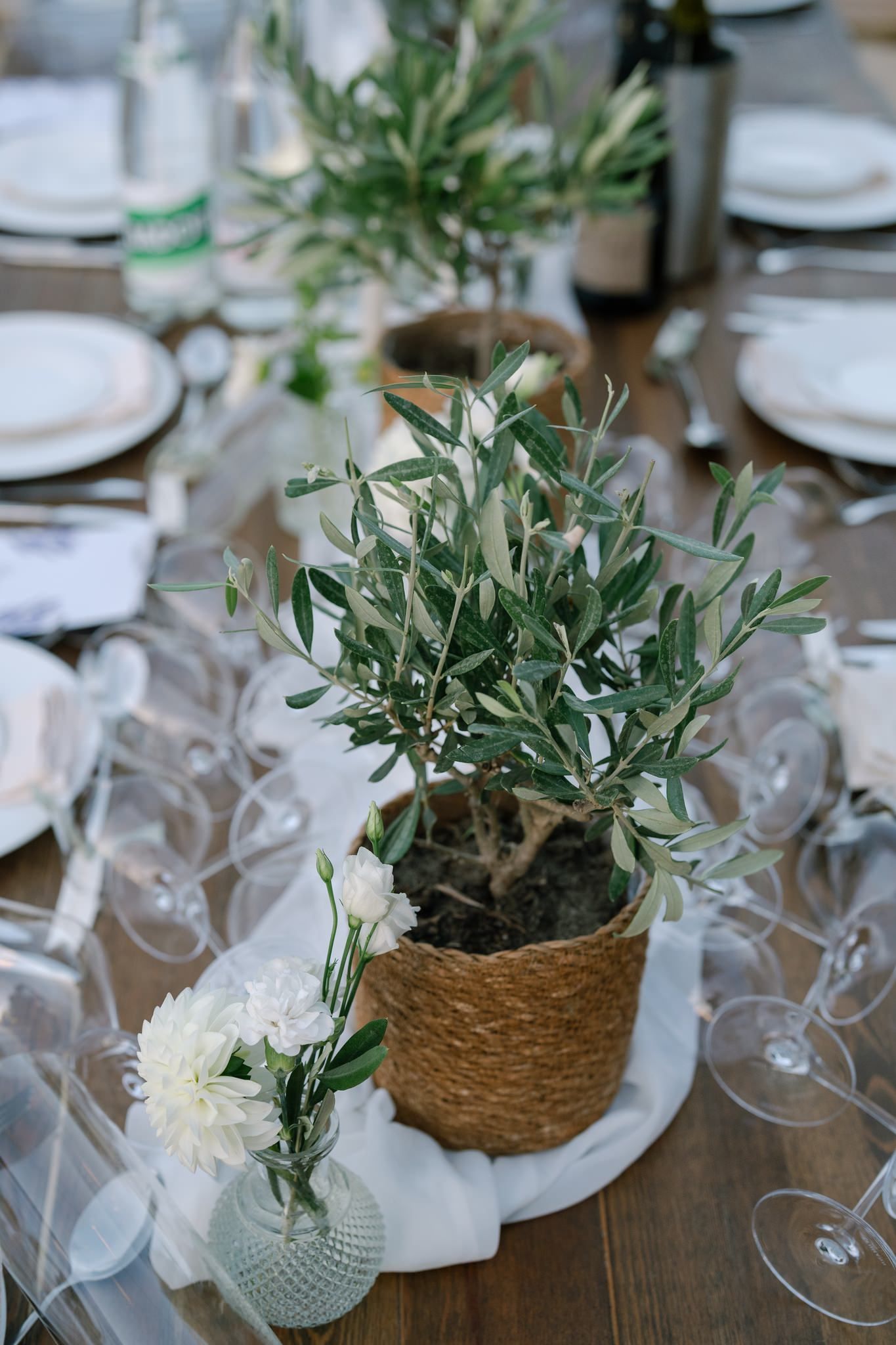 Elegant table settings with olive plants in woven baskets and crystal glassware.