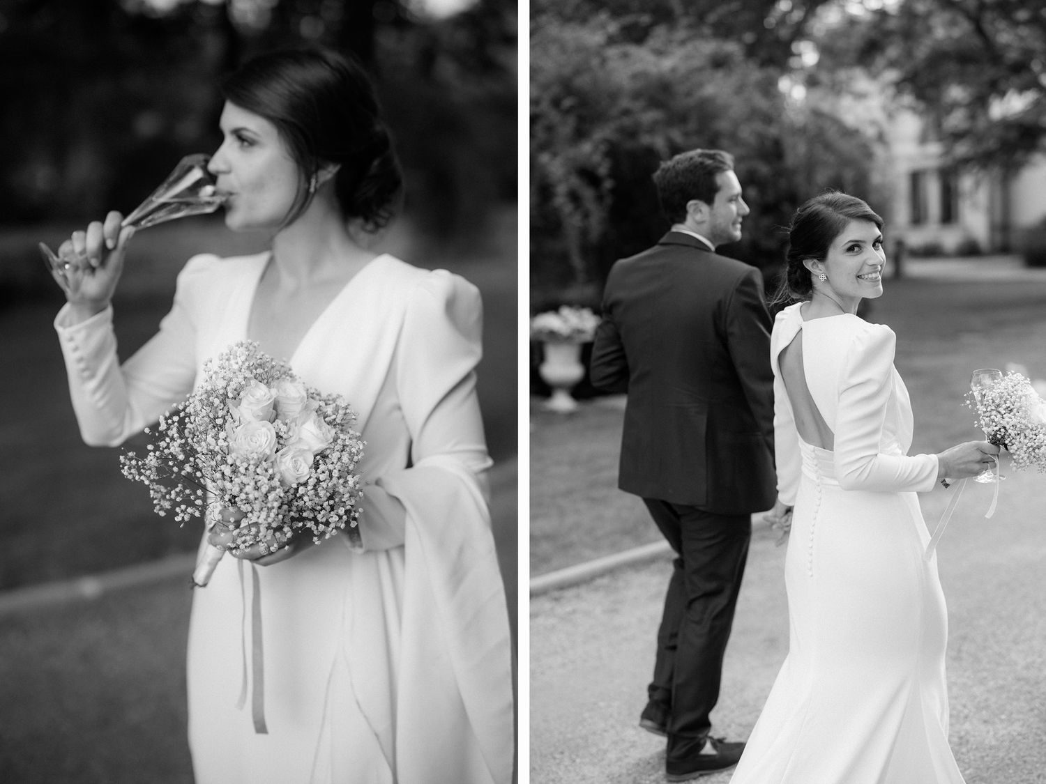 Wedding photos showing a bride with bouquet and a couple walking in formal attire.