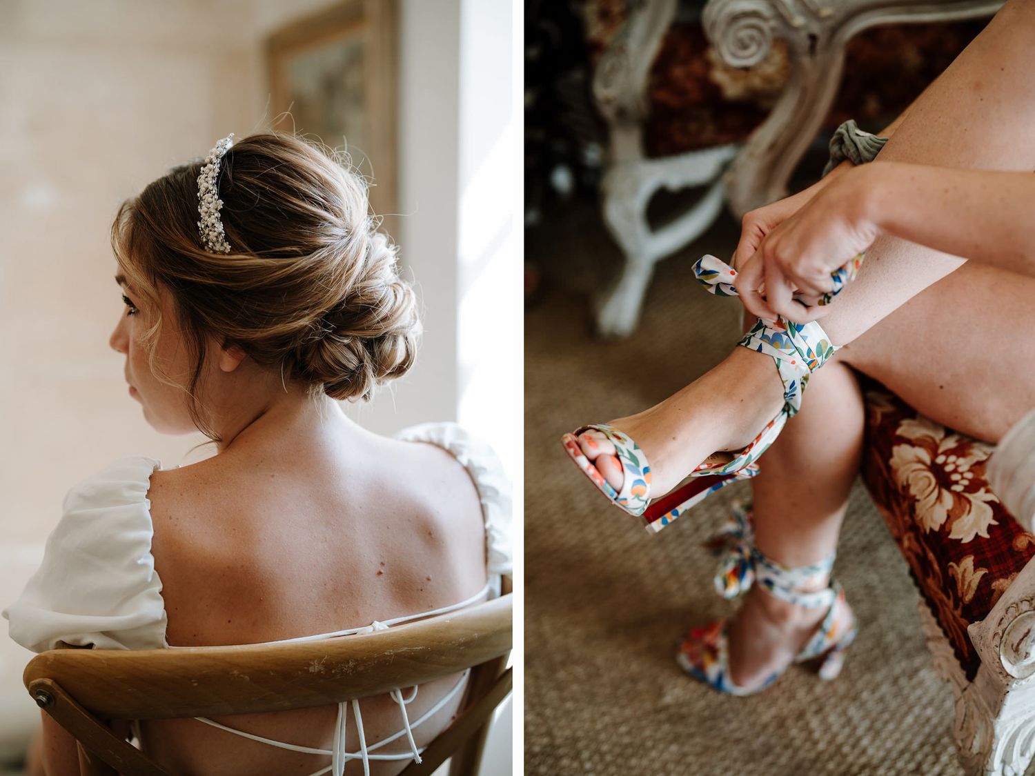 Detail shots of wedding accessories and final touches being made.