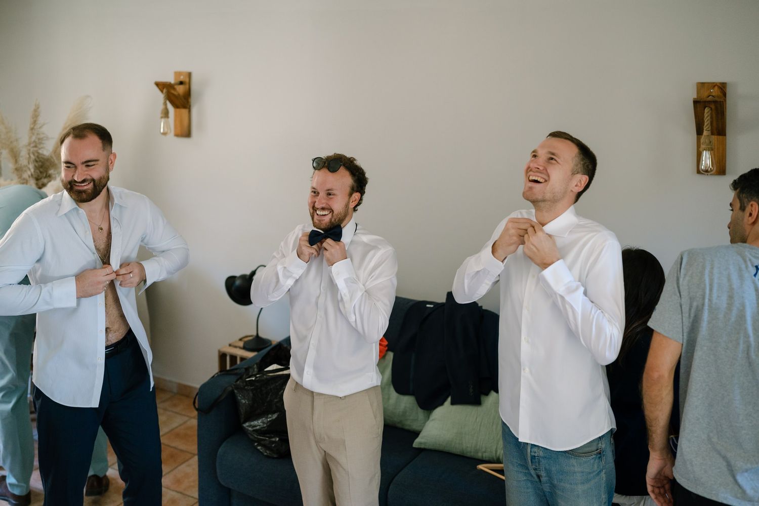 Sequence of people in white shirts and formal wear getting ready.