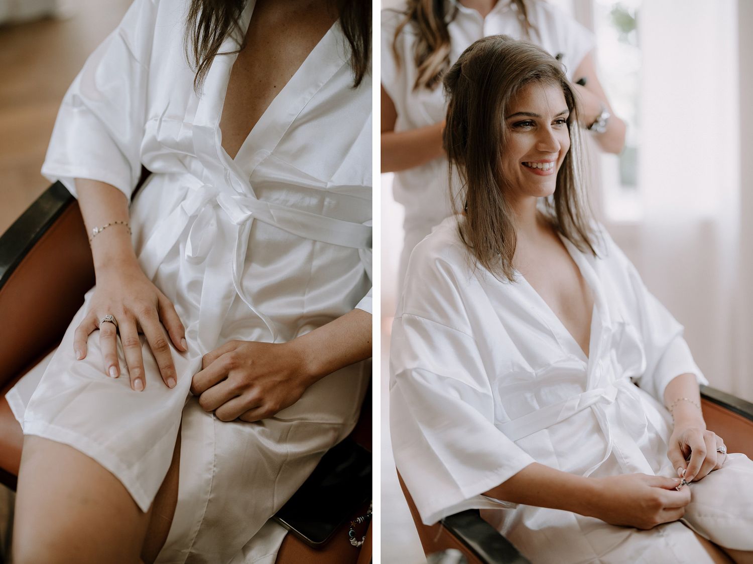Getting ready scenes showing details of white silk robes during preparation.