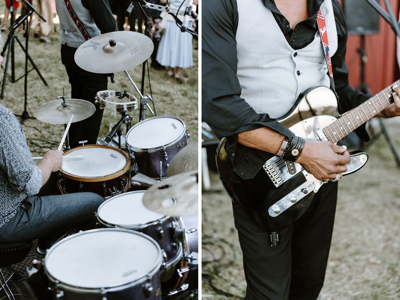 Close-up shots of a drummer playing white drum set at an outdoor event.