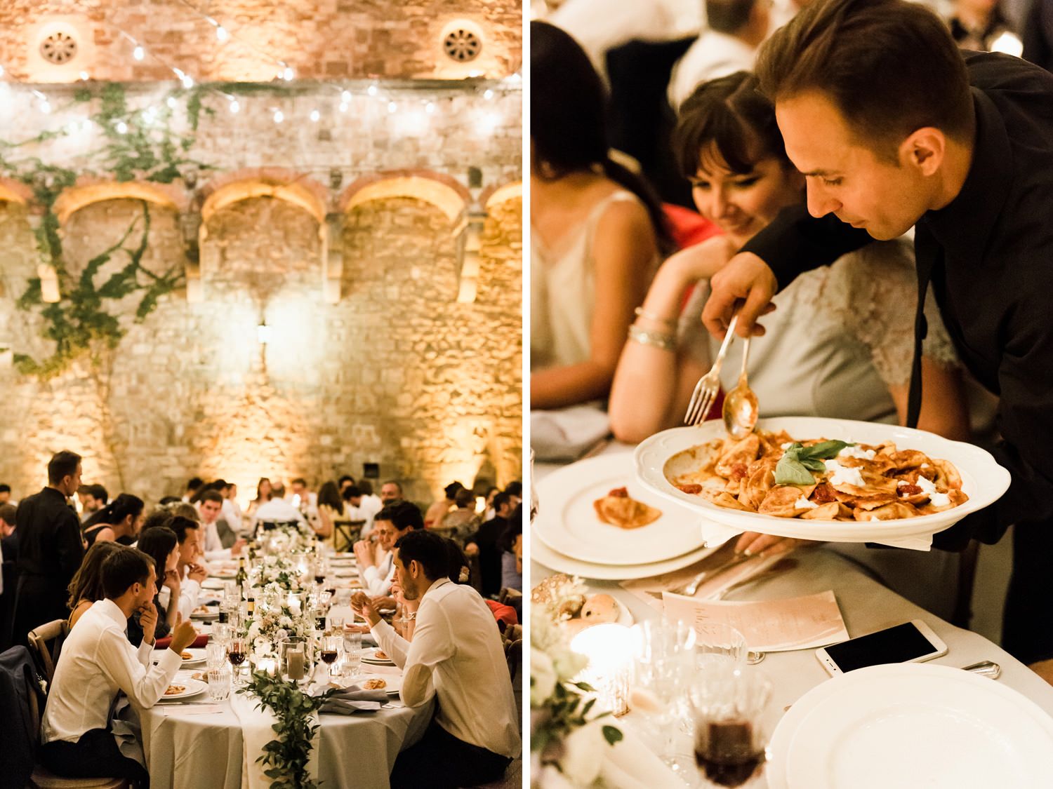 Elegant wedding reception tables set in a rustic stone venue with warm lighting and floral centerpieces.