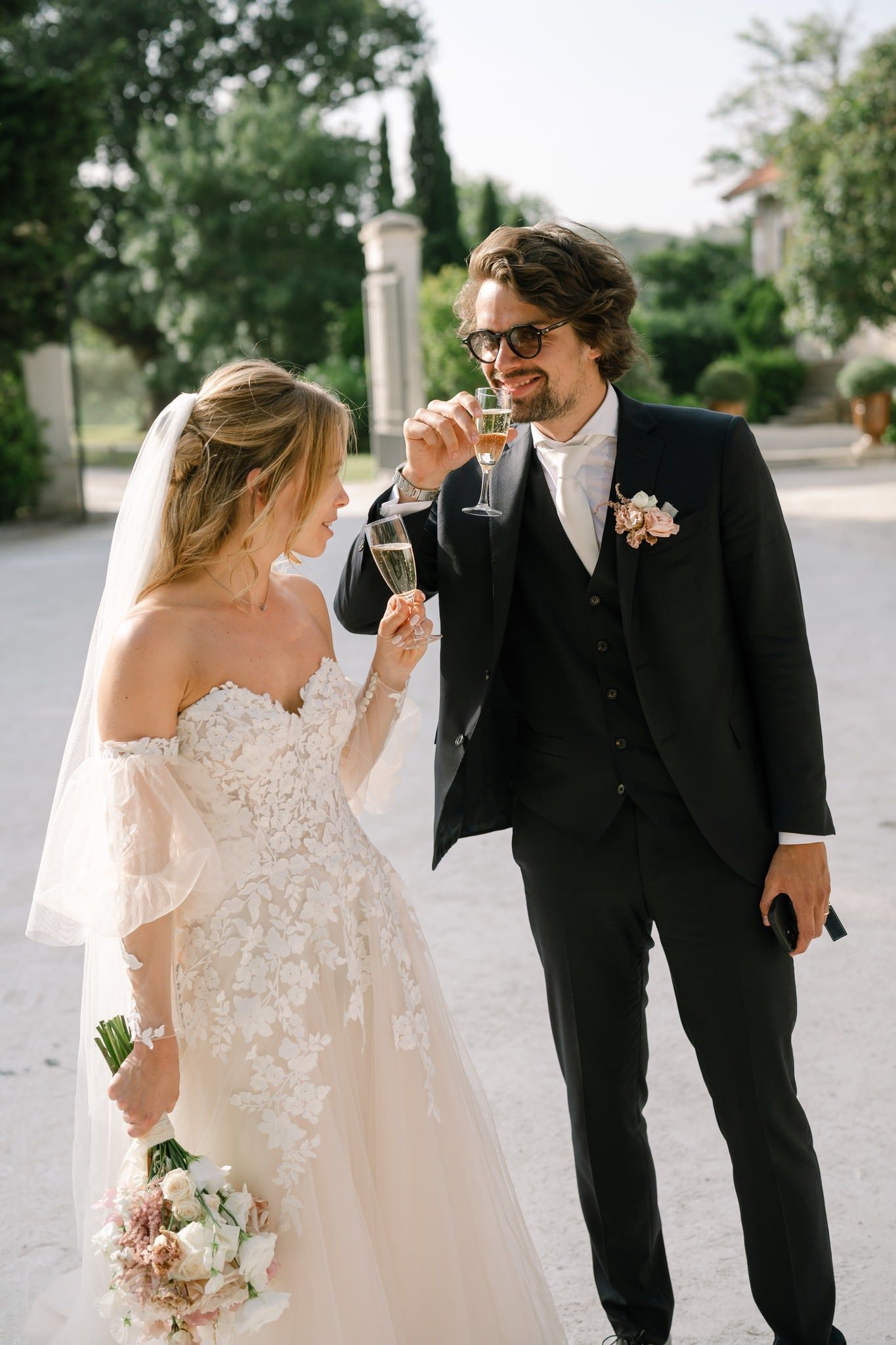 A romantic wedding couple shares joyful moments in a series of candid outdoor photos showing their love and laughter.