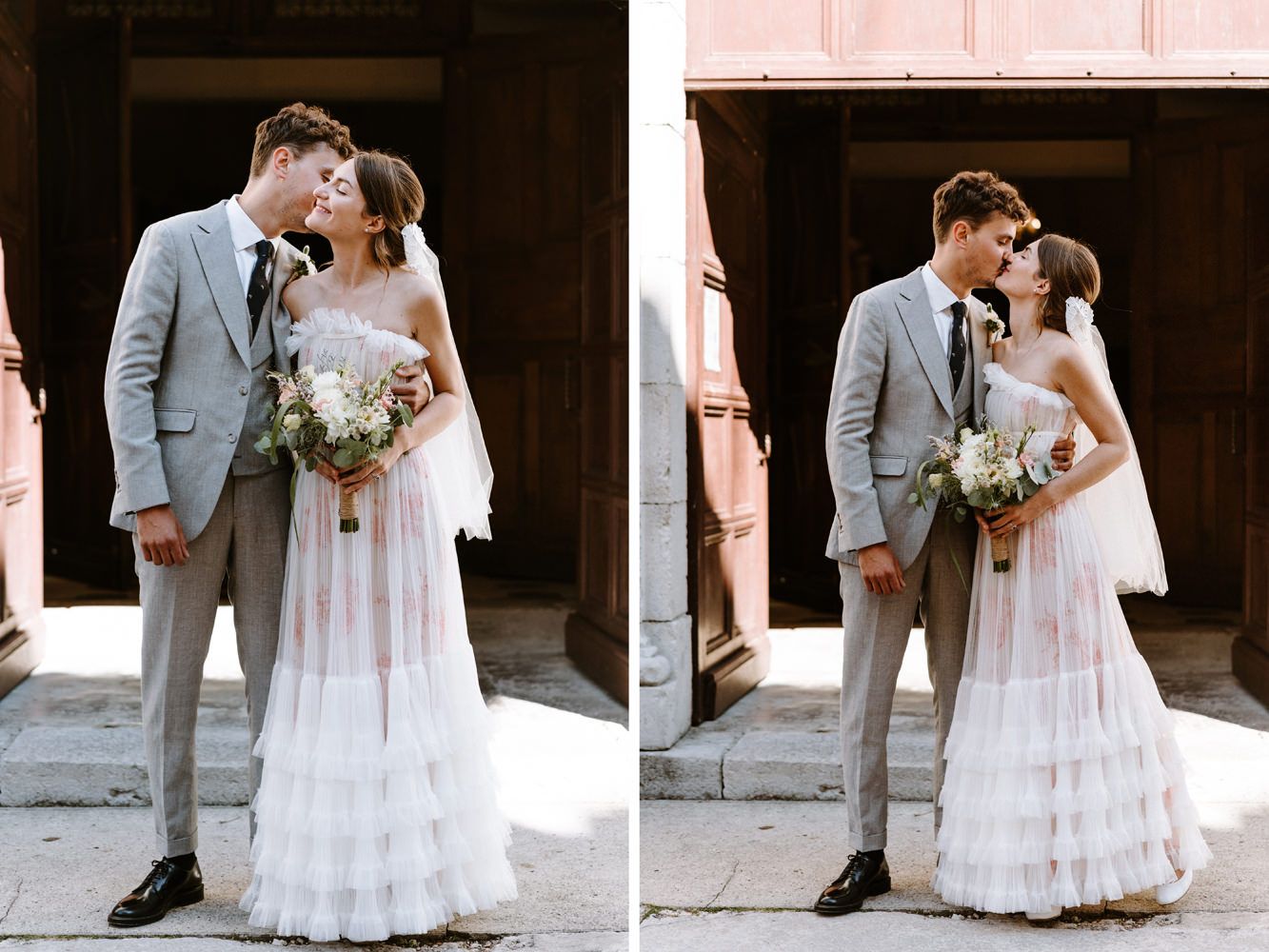 Side-by-side wedding portraits of a couple in front of a rustic doorway.