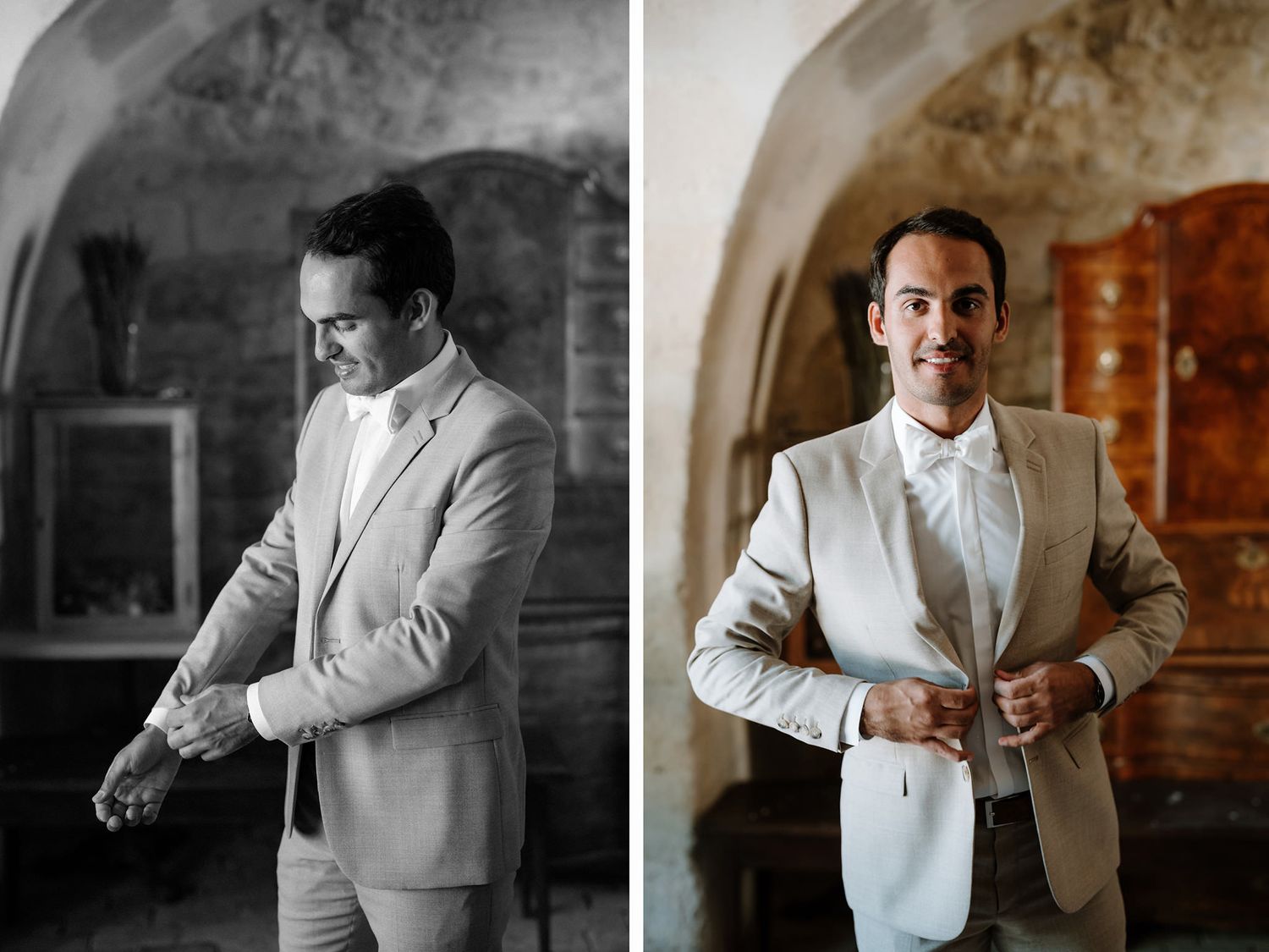 Black and white portraits showing various angles of a groom in a light-colored suit.