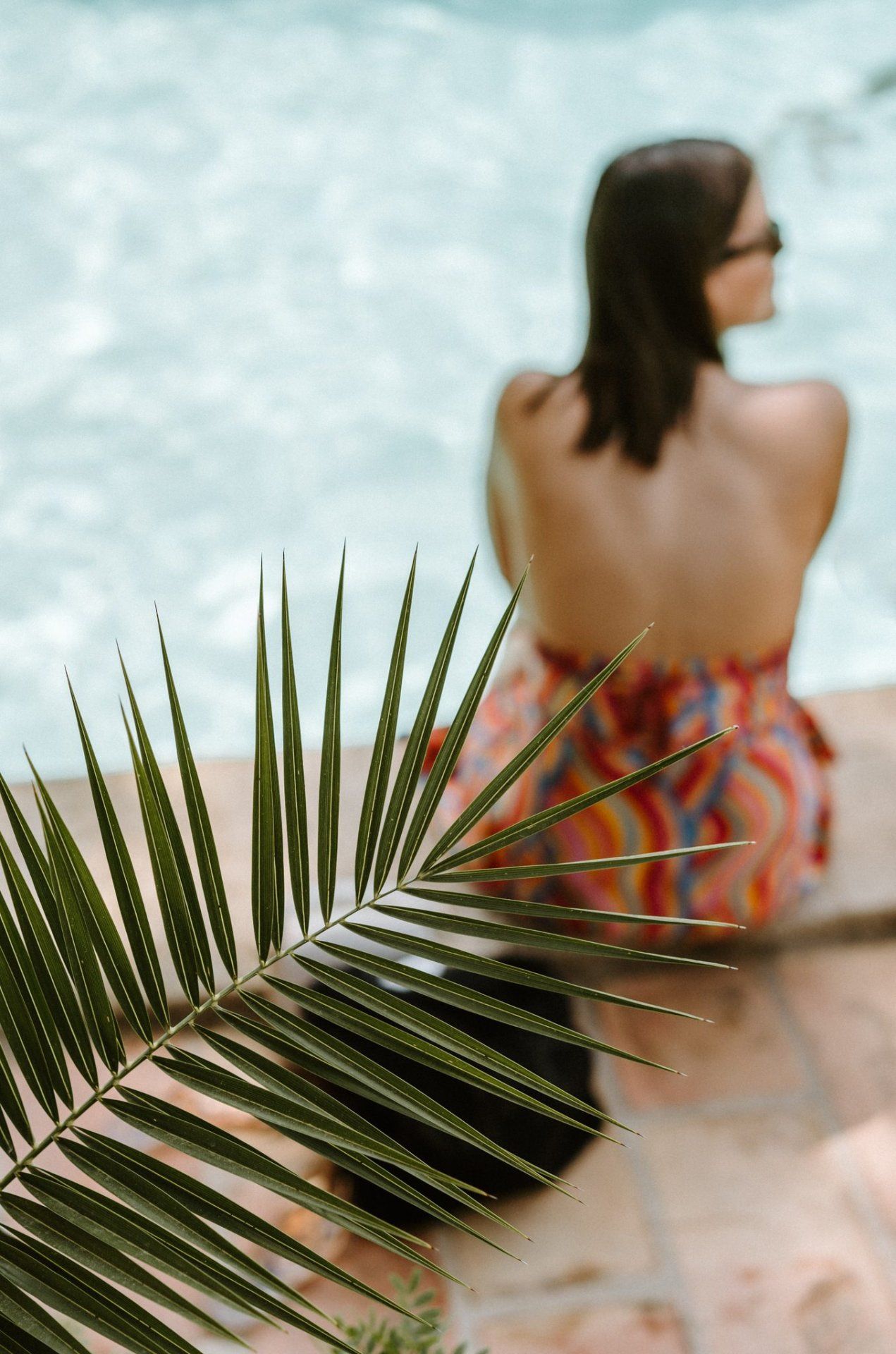 Palm frond in focus with blurred figure in background at tropical beach setting.