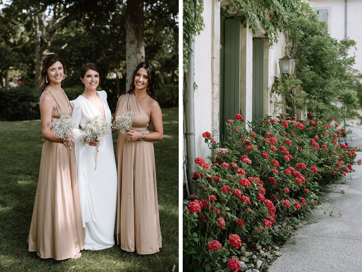Wedding party portrait with bridesmaids in blush gowns next to blooming red roses.