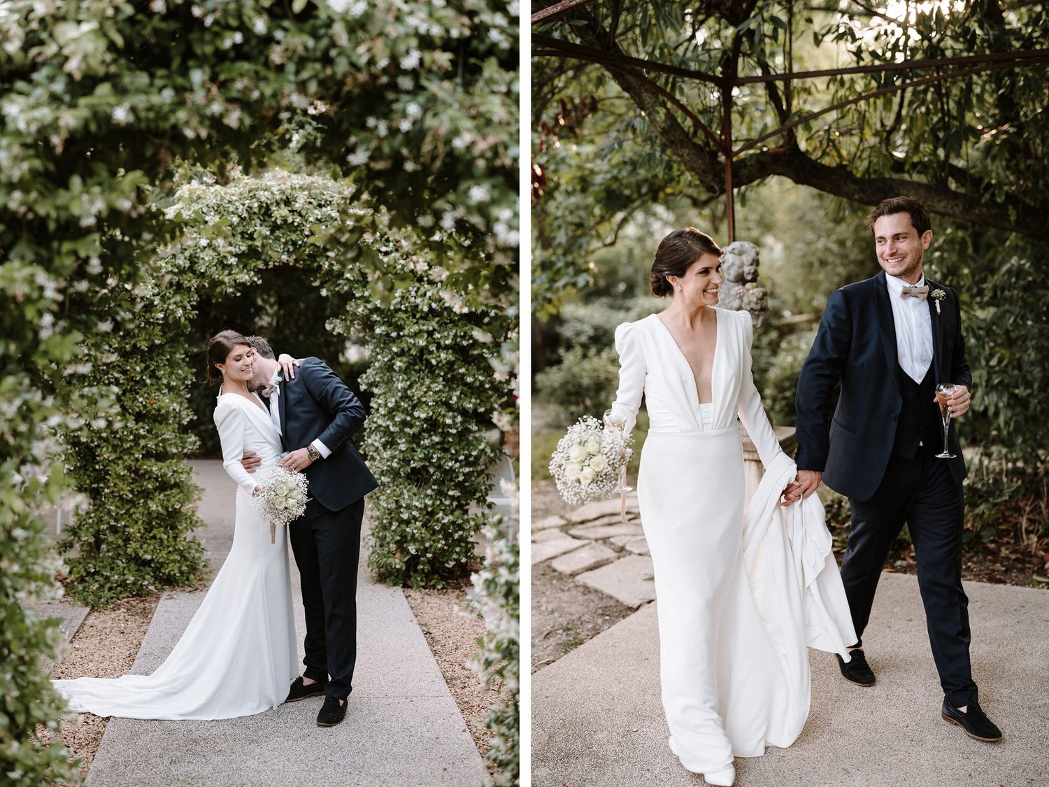Side-by-side wedding photos showing a couple in formal attire walking through a garden path.