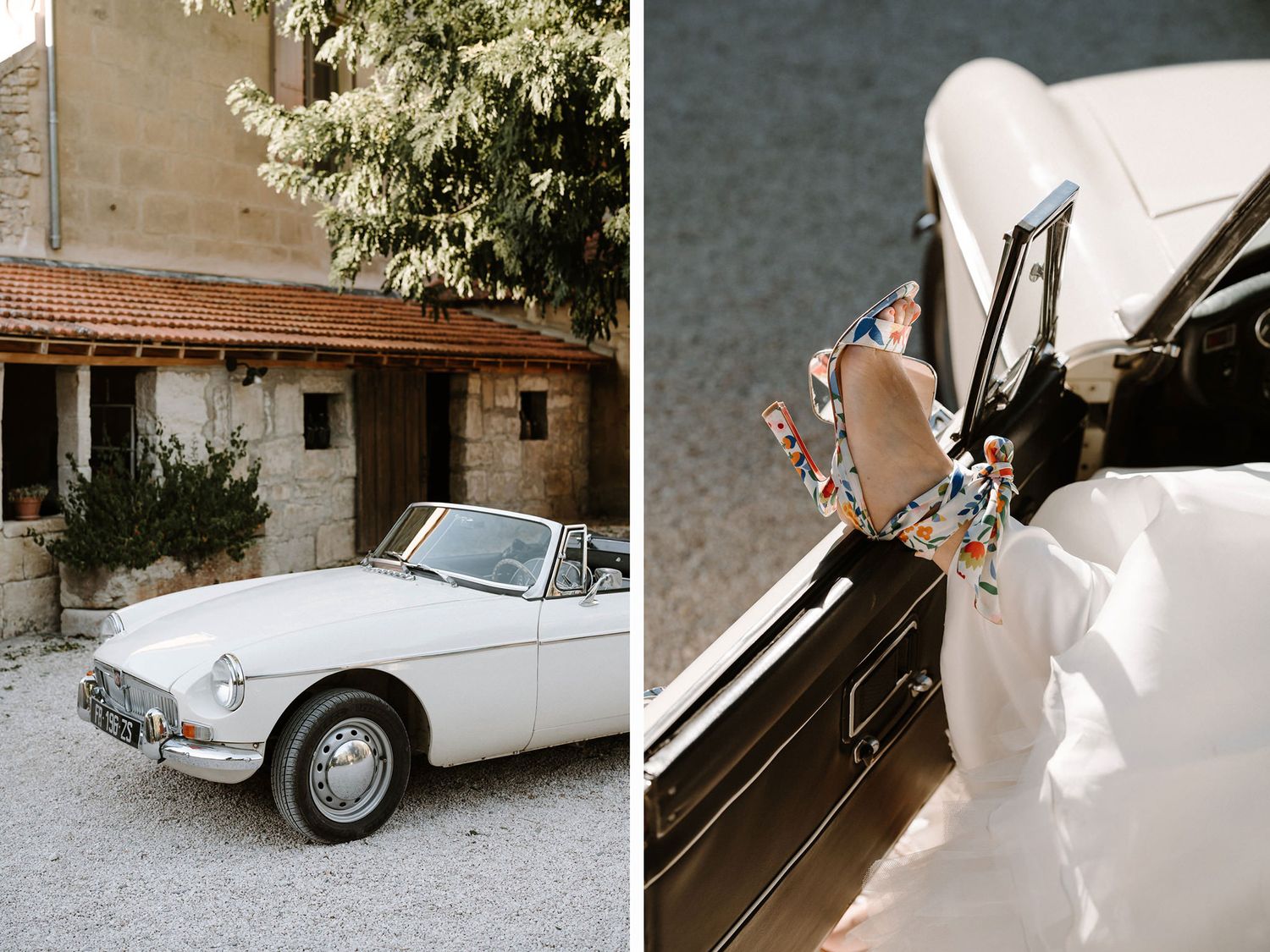 A classic white vintage car parked outside a rustic building with decorative details.