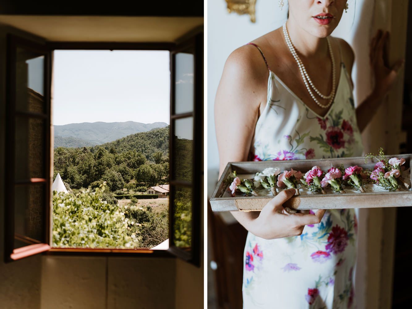A series of sunlit windows overlooking green hills and countryside views.