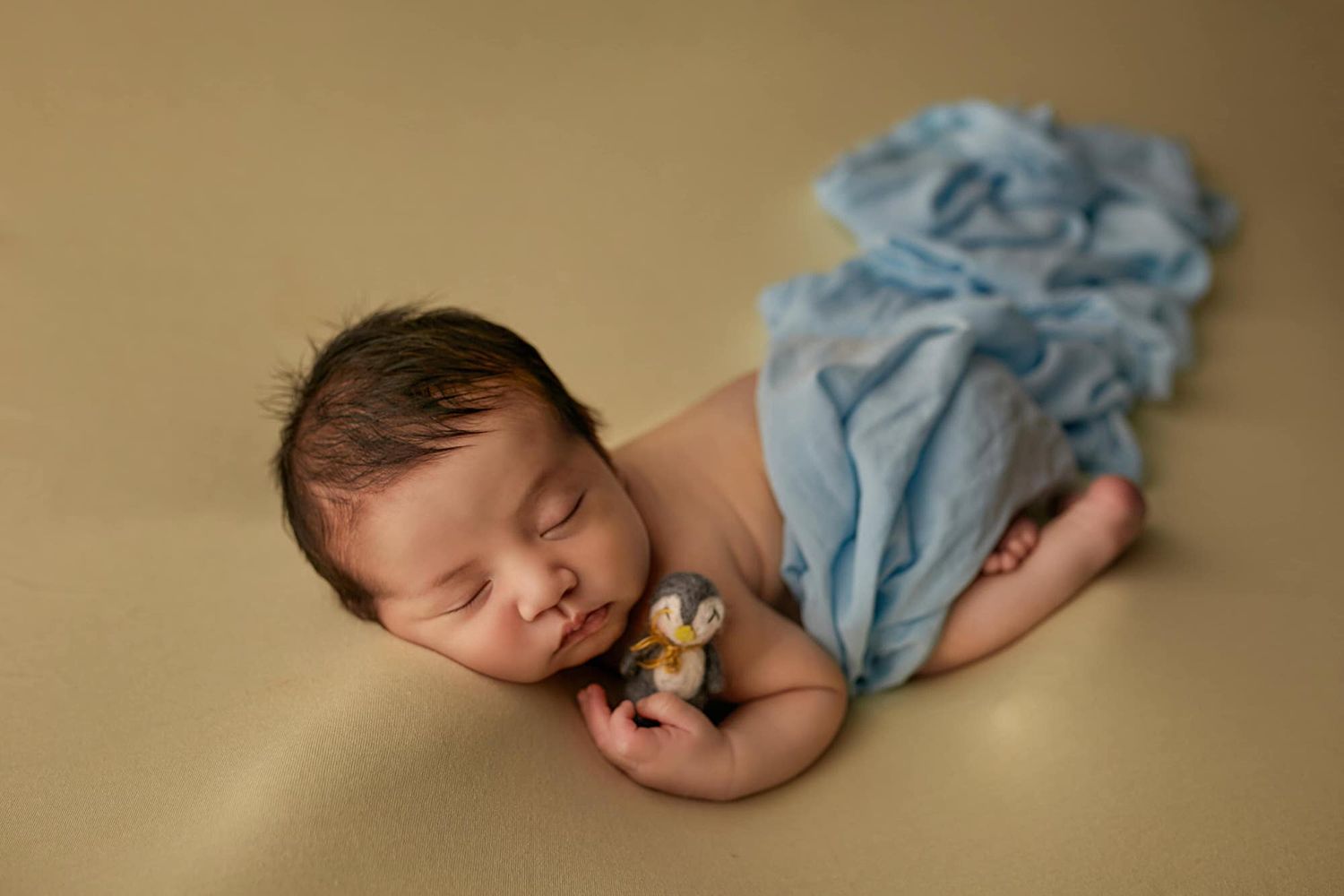 Newborn baby sleeping peacefully wrapped in a blue cloth, newborn photography in Tampa.