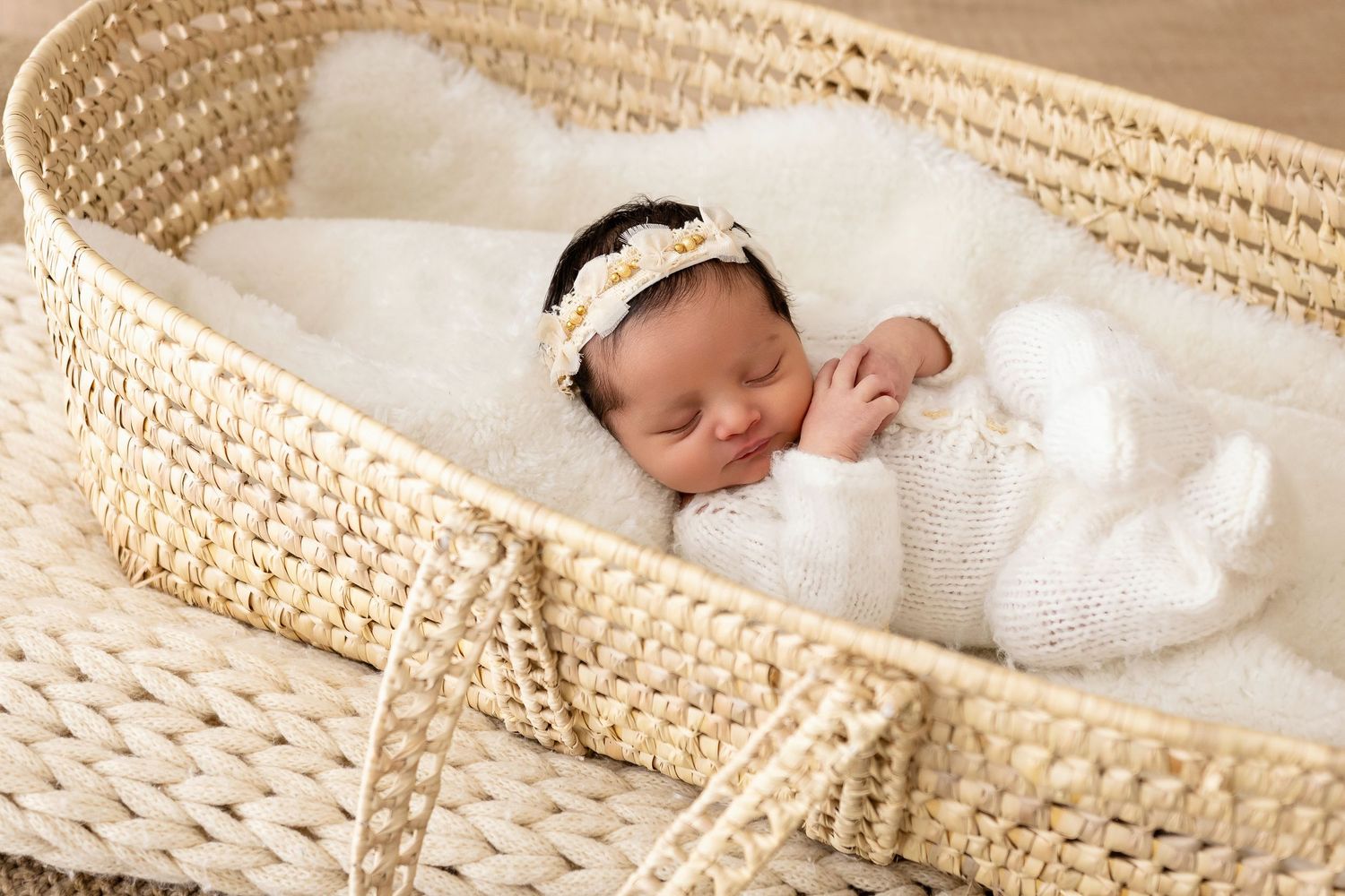 Sleeping newborn baby in white knit outfit and floral headband resting peacefully in a woven Moses basket.