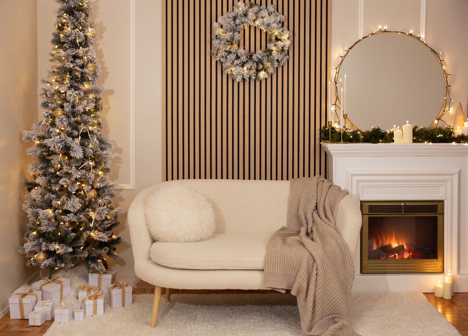 Cozy Christmas living room with decorated tree, gifts, wreath, mirror, and glowing fireplace in neutral tones.