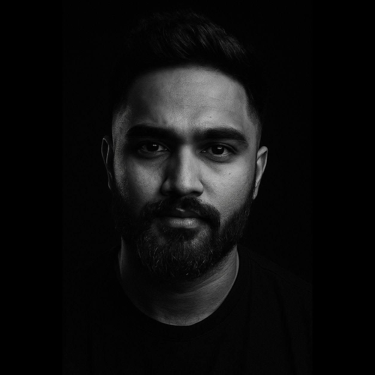 Black and white portrait of a bearded young man with intense gaze against dark background.