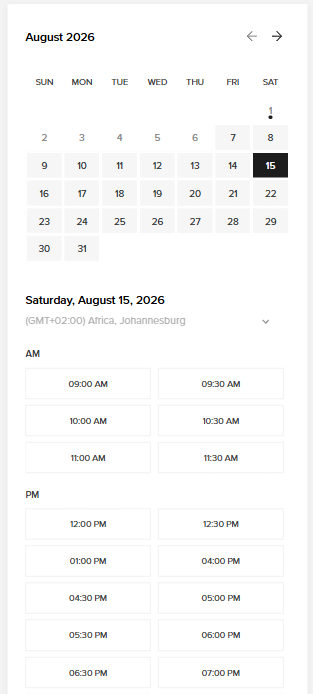 August 2026 calendar showing Saturday the 15th selected with available appointment times from 9AM to 7PM.
