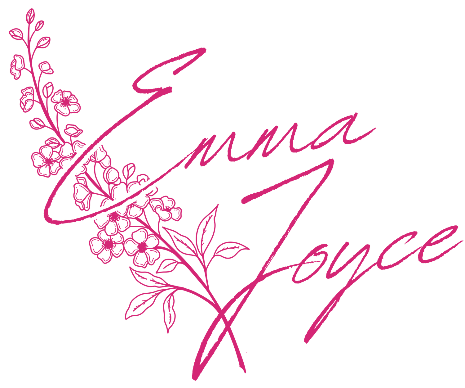 Pink floral script logo reading Emma Joyce with decorative flower and branch illustrations.