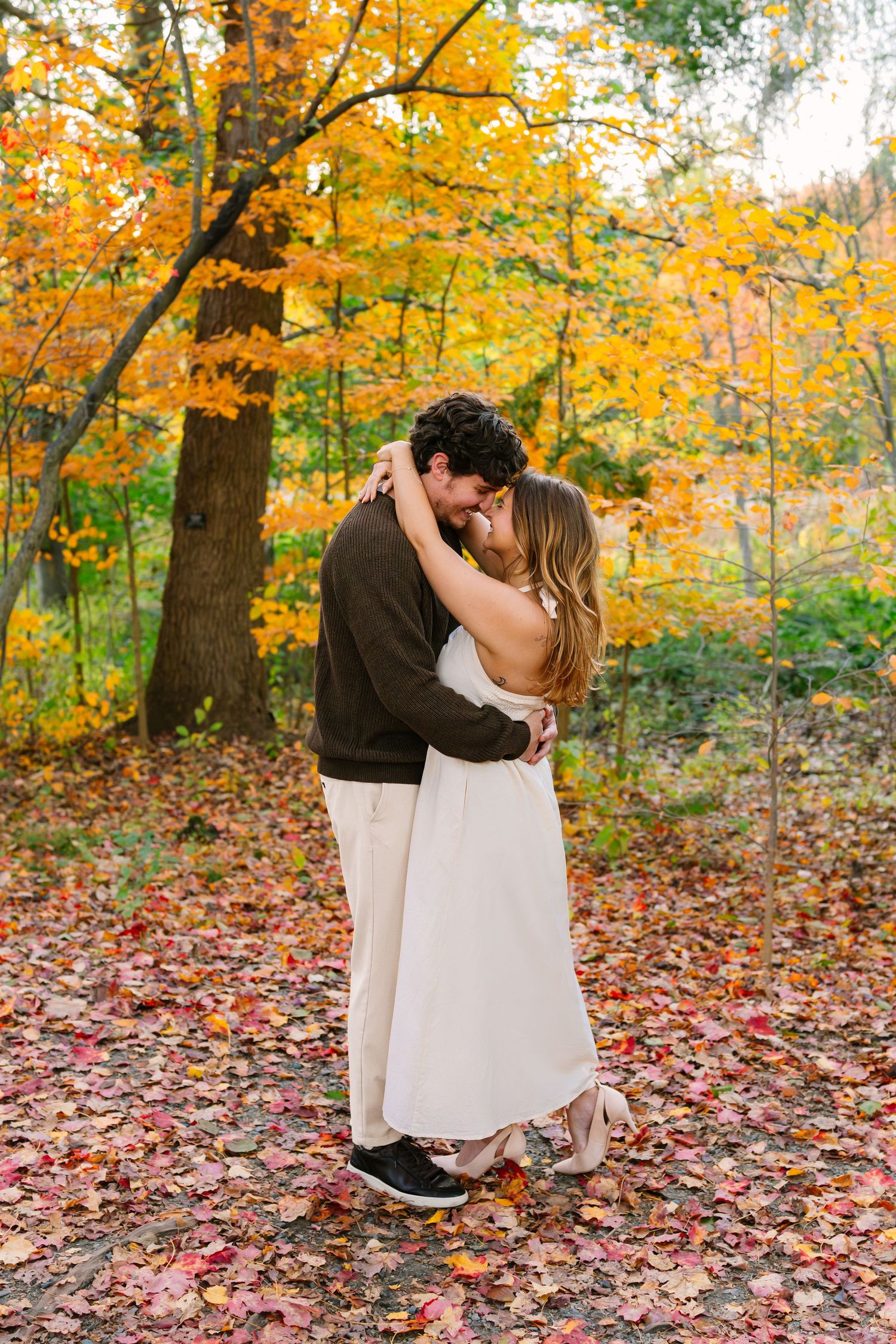 A couple shares a romantic moment in the autumn foliage during engagement photos at the Arnold Arboretum in Boston Massachusetts