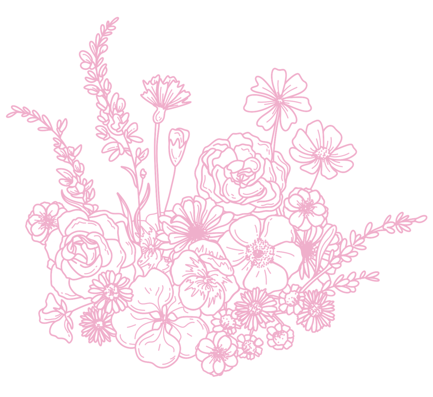 Pink line art floral bouquet illustration featuring roses, cosmos, and wildflowers in a romantic arrangement.