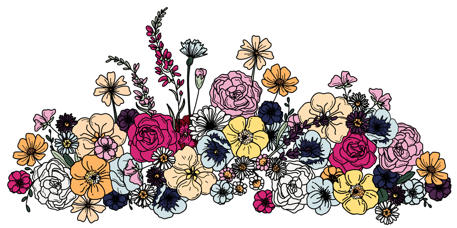 Colorful illustrated floral arrangement featuring roses, daisies, and wildflowers in pink, yellow, and navy tones.