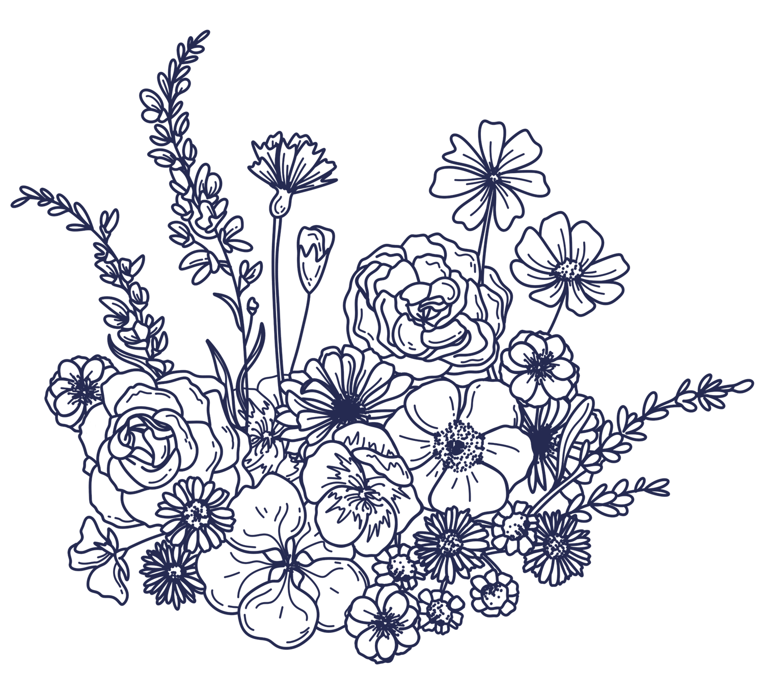 Navy blue line art illustration of a romantic floral bouquet with roses, anemones, and wildflowers.