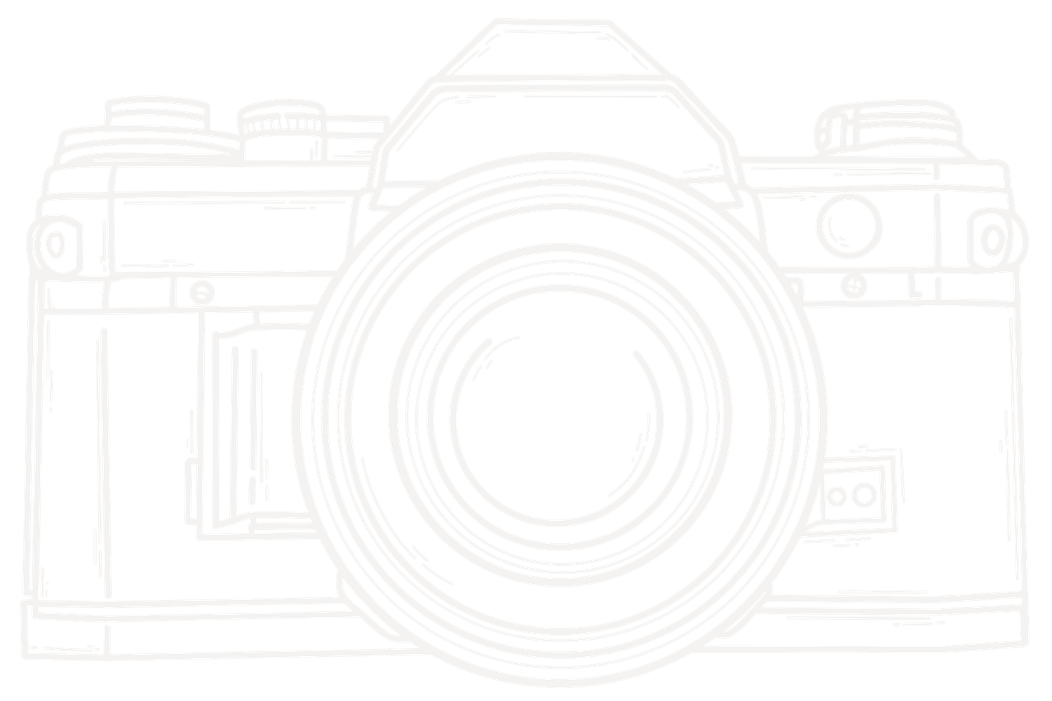 Minimalist white outline sketch of a classic vintage SLR film camera on a white background.