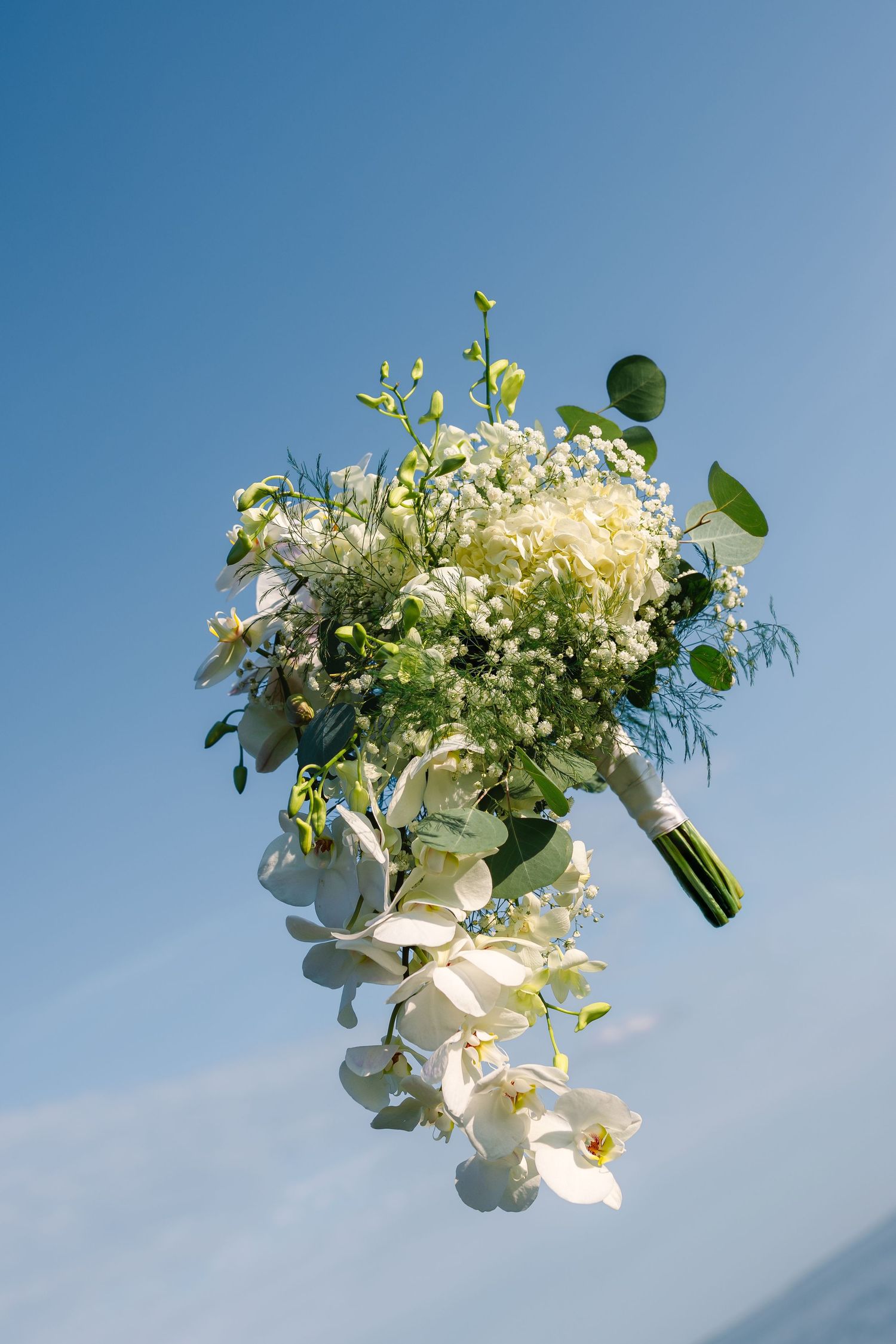 An elegant cascading white wedding bouquet with orchids and greenery held against a clear blue sky.
