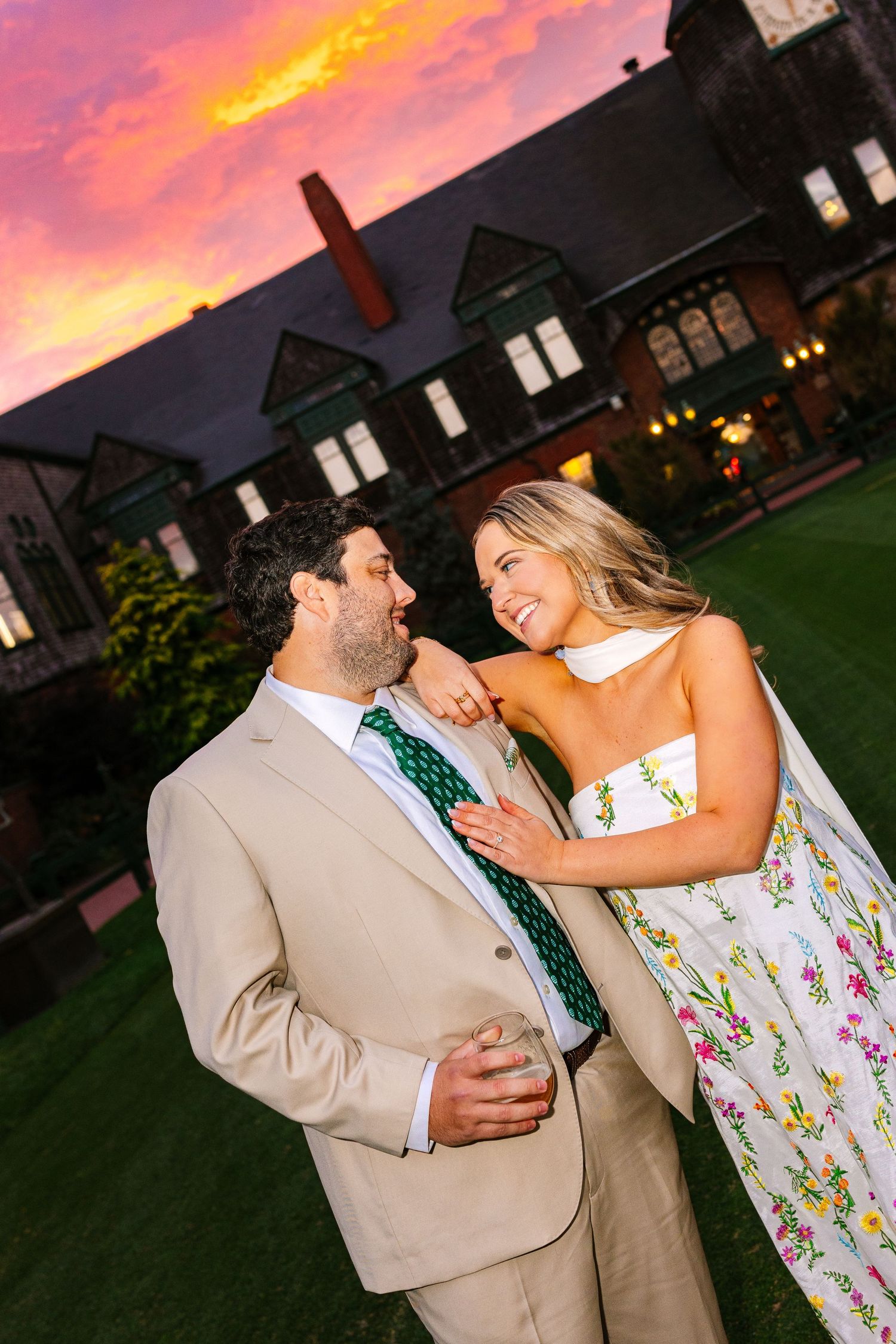 Sunset golden hour bride and groom portraits at International Tennis Hall of Fame in Newport, Rhode Island wedding venue