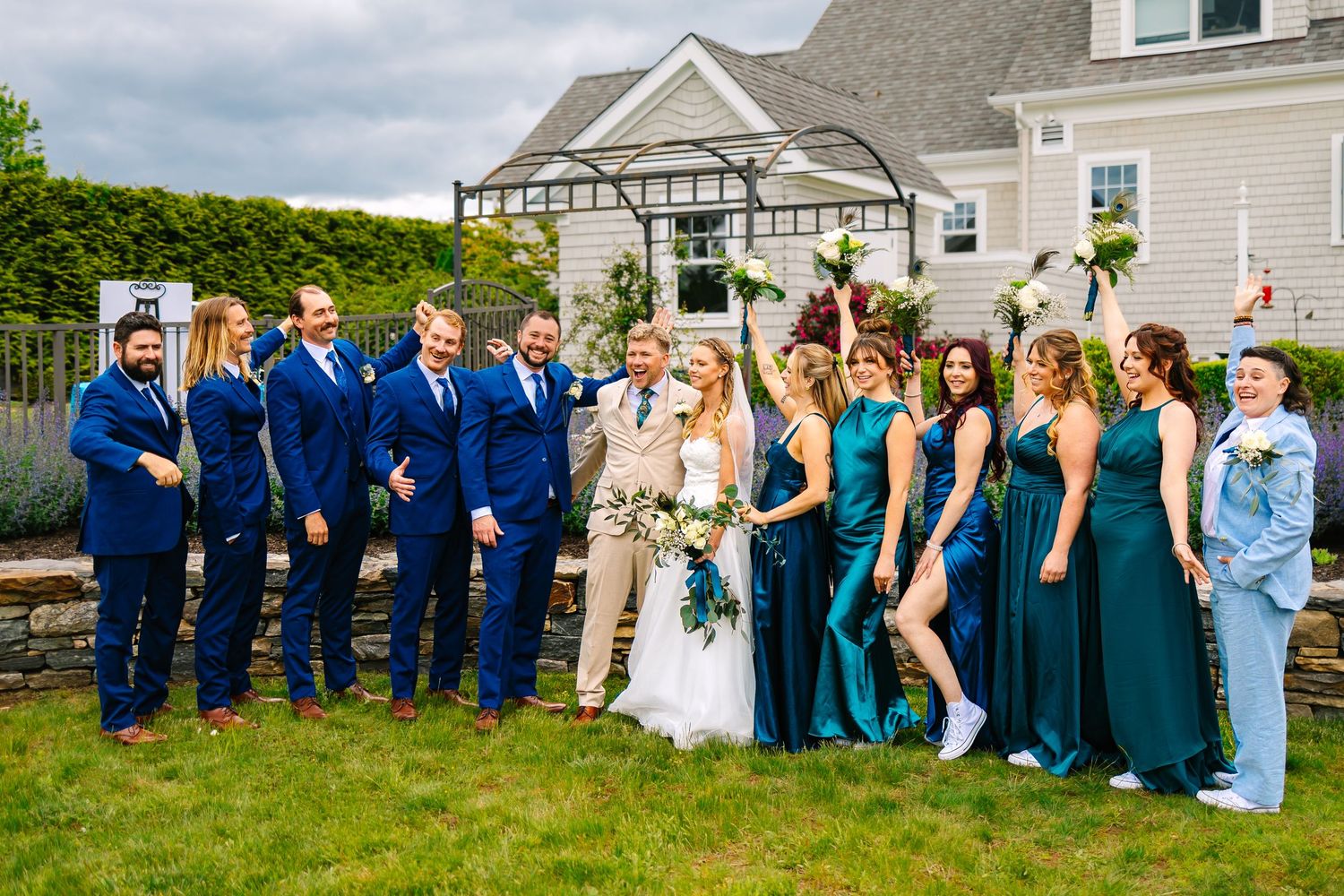 Wedding party portrait at intimate backyard wedding in New London County Connecticut