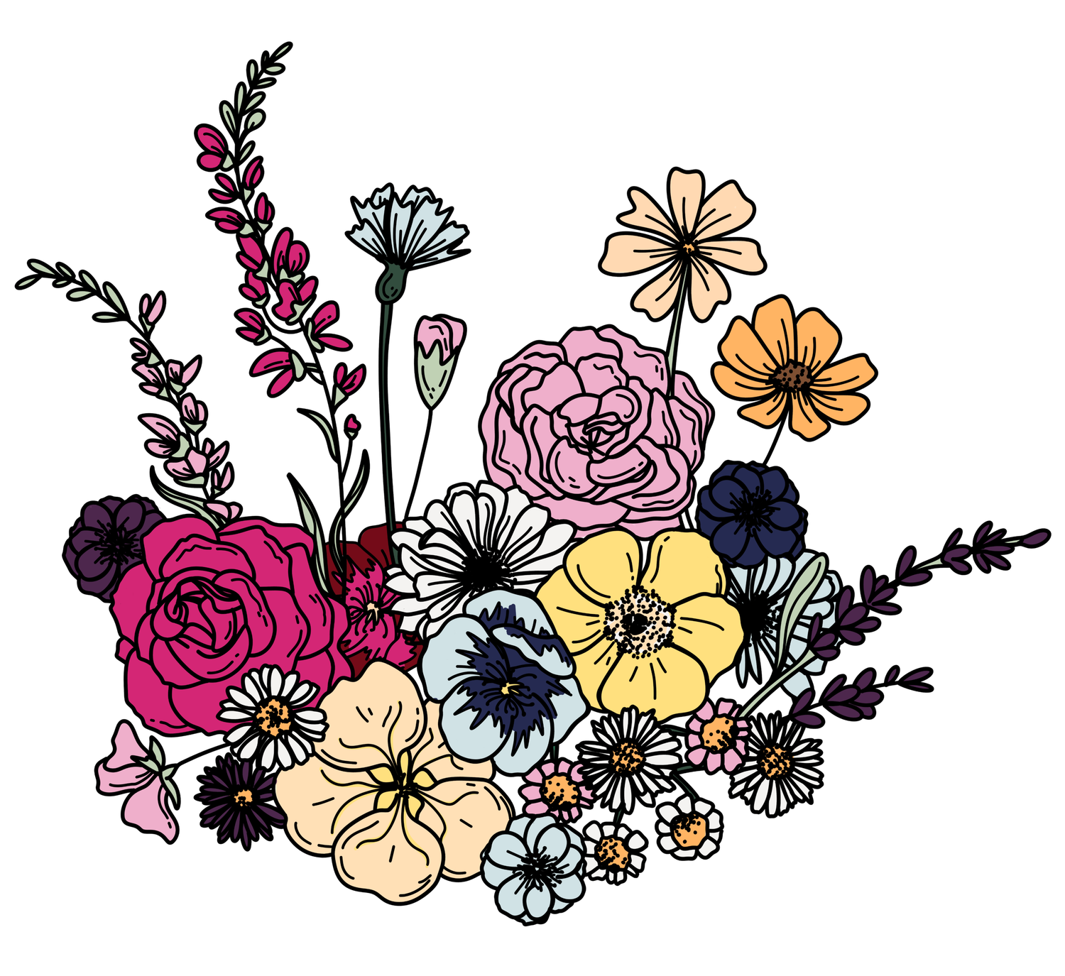 Colorful hand-drawn floral bouquet with pink roses, yellow daisies, and purple flowers in vibrant botanical art.