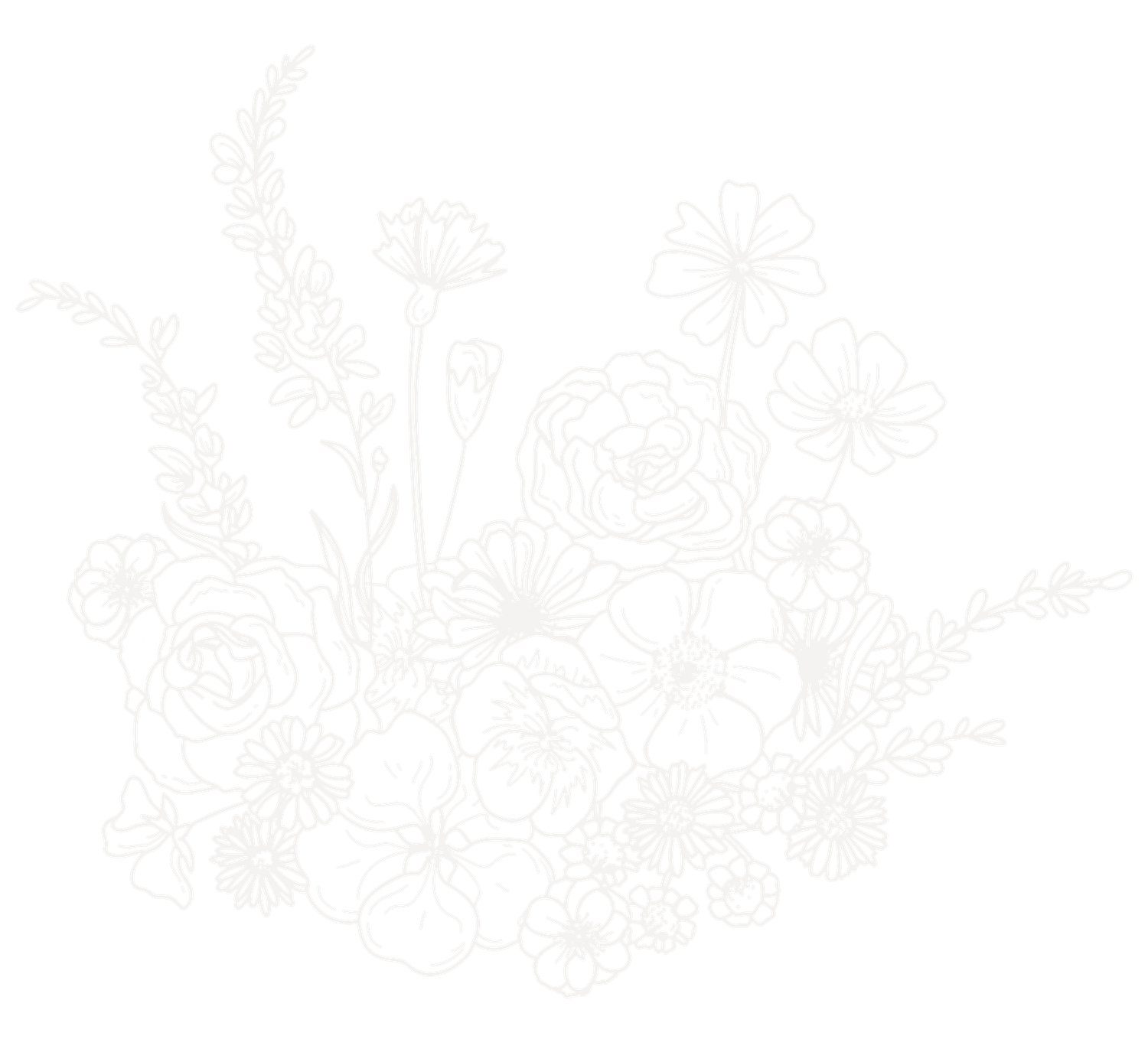 Delicate white floral bouquet illustration with intricate line art roses and wildflowers on white background.