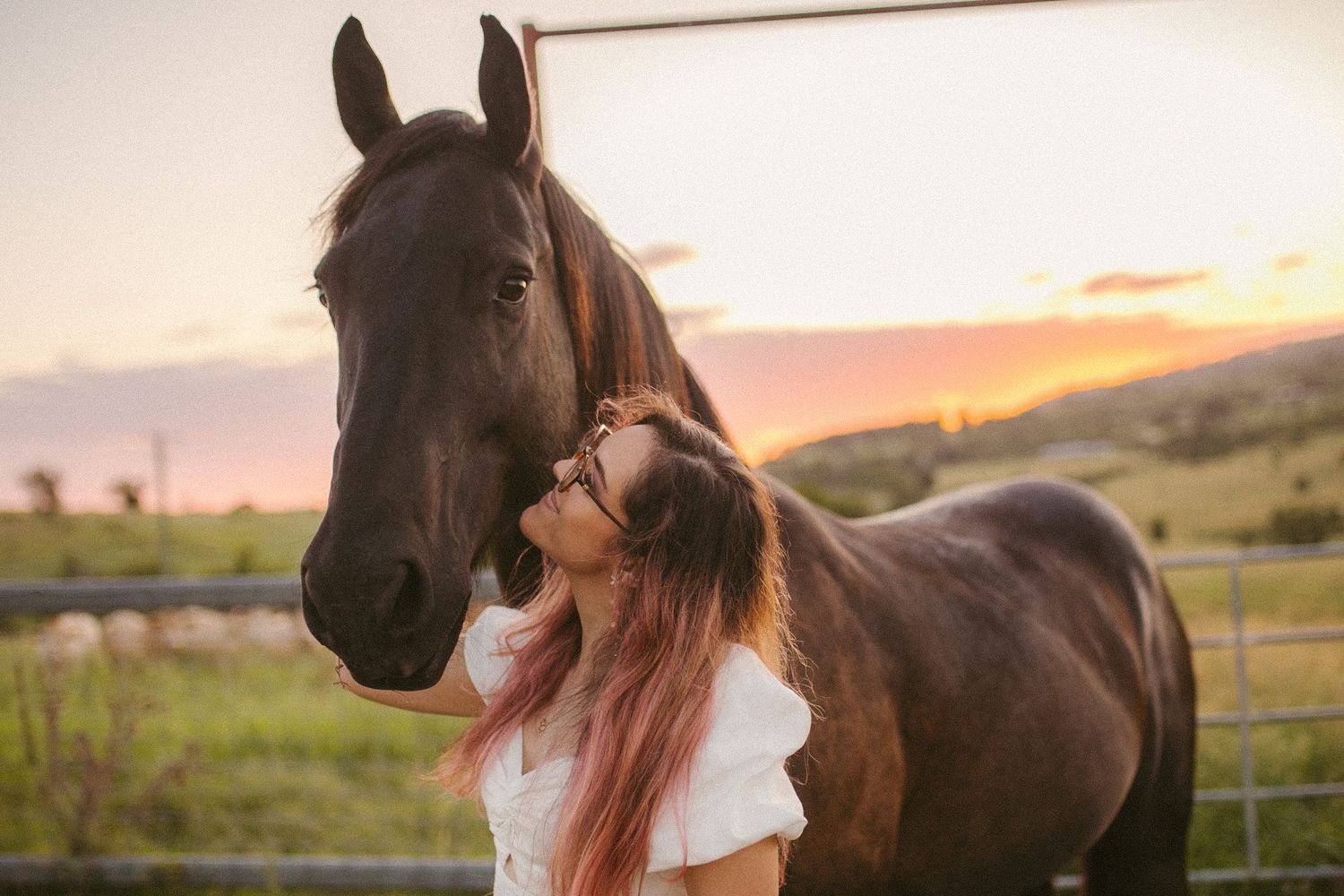 Woman with pink hair kissing a dark brown horse at sunset in a green pasture.